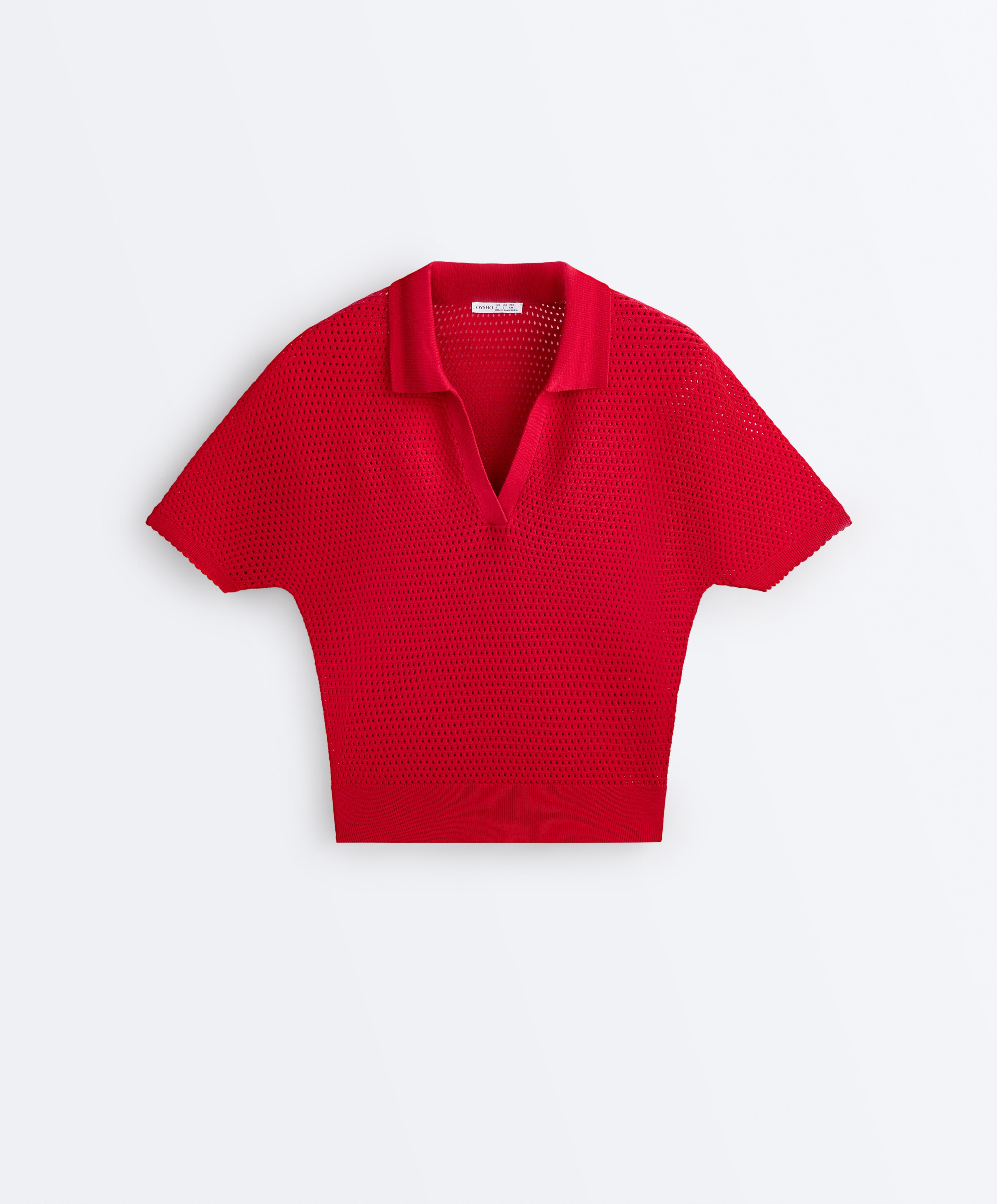 Cotton blend openwork knit polo — BRIGHT RED