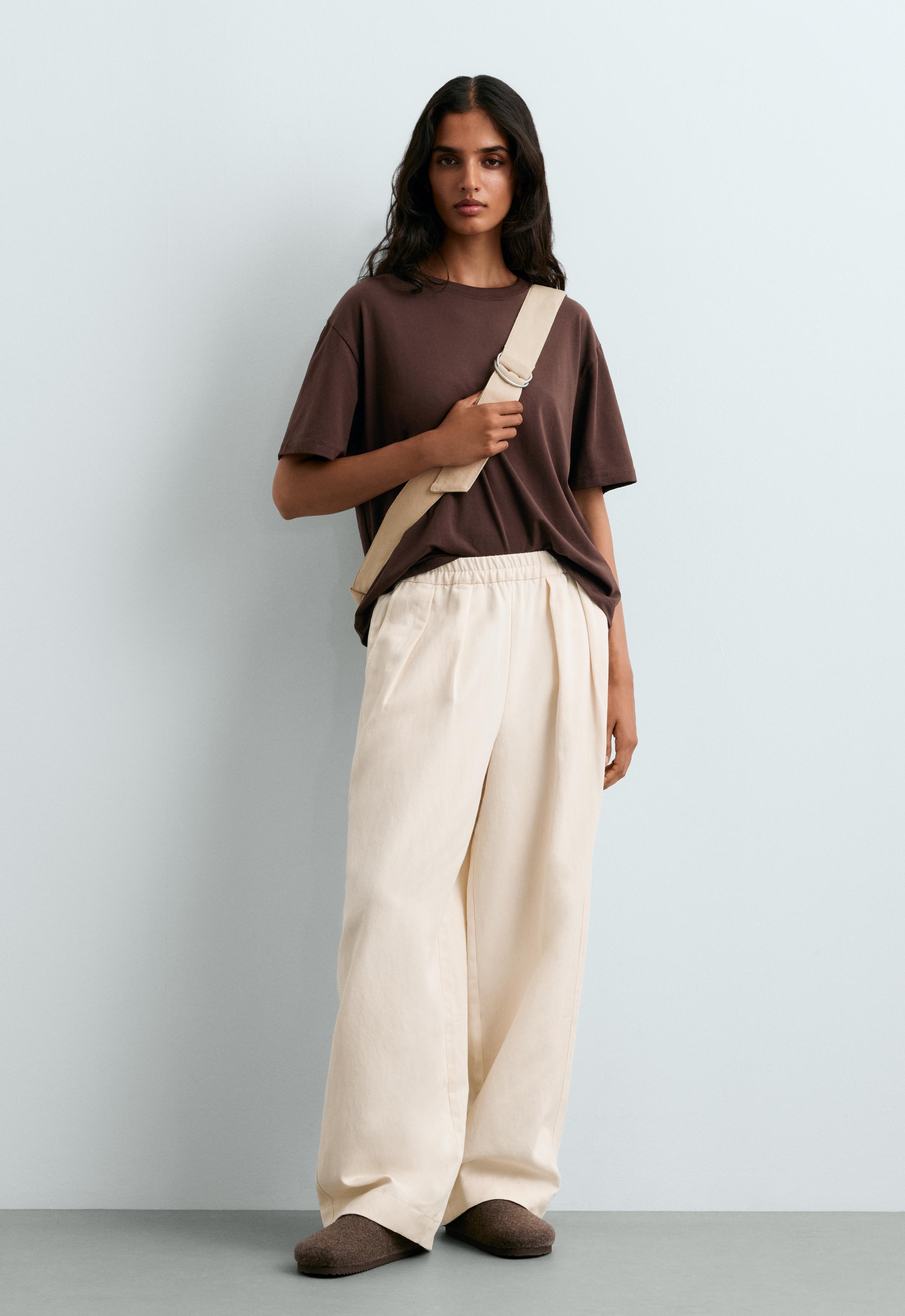 Boxy short-sleeved cotton blend T-shirt — DARK BROWN