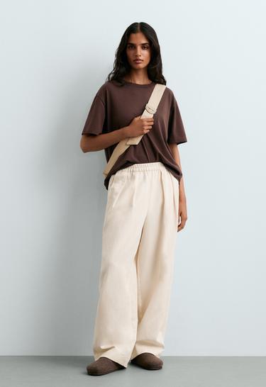 Boxy short-sleeved cotton blend T-shirt — DARK BROWN 1