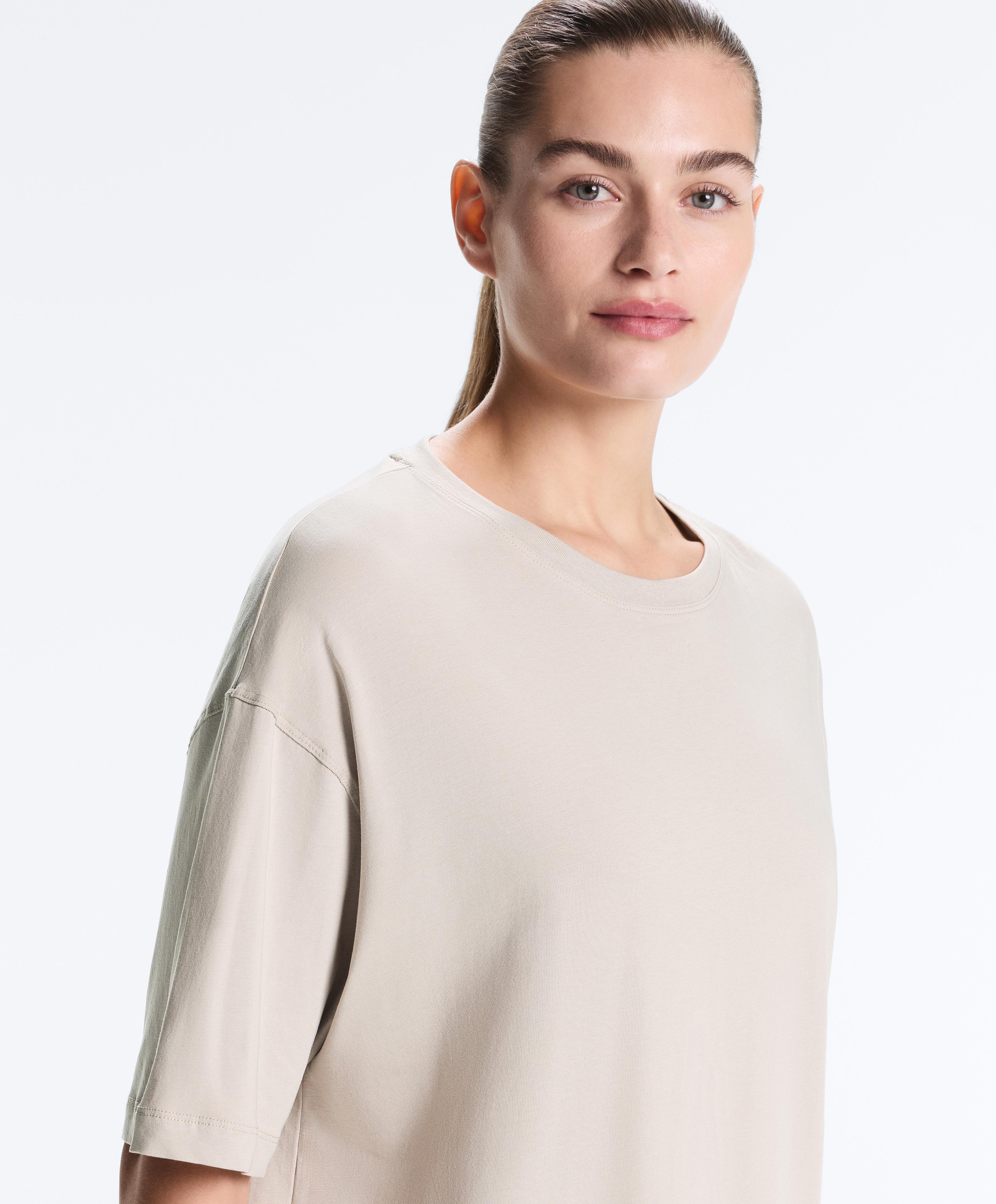 Long short-sleeved cotton blend T-shirt — TAUPE                   
