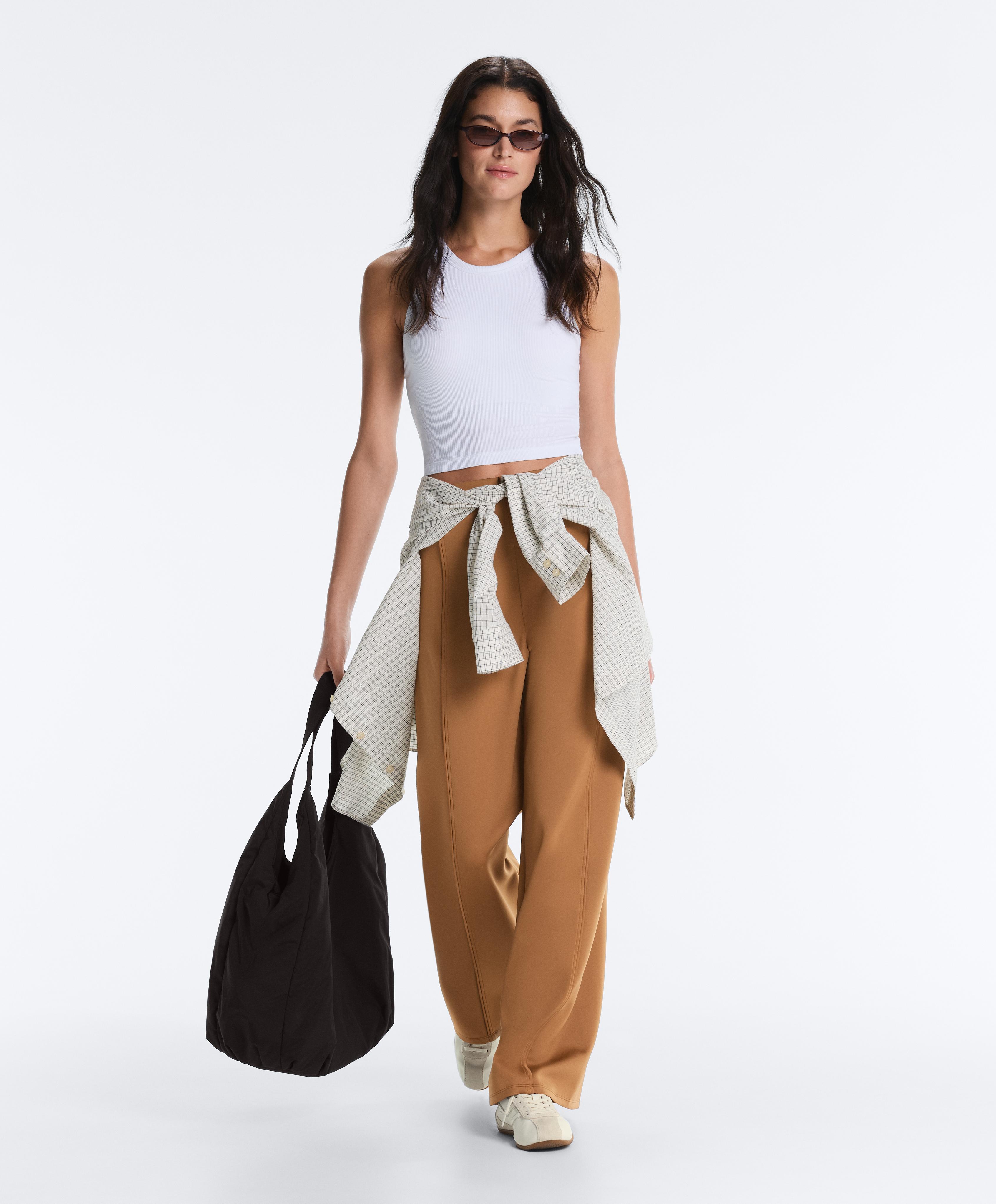 Neoprene effect high rise wide-leg trousers — PALE BROWN