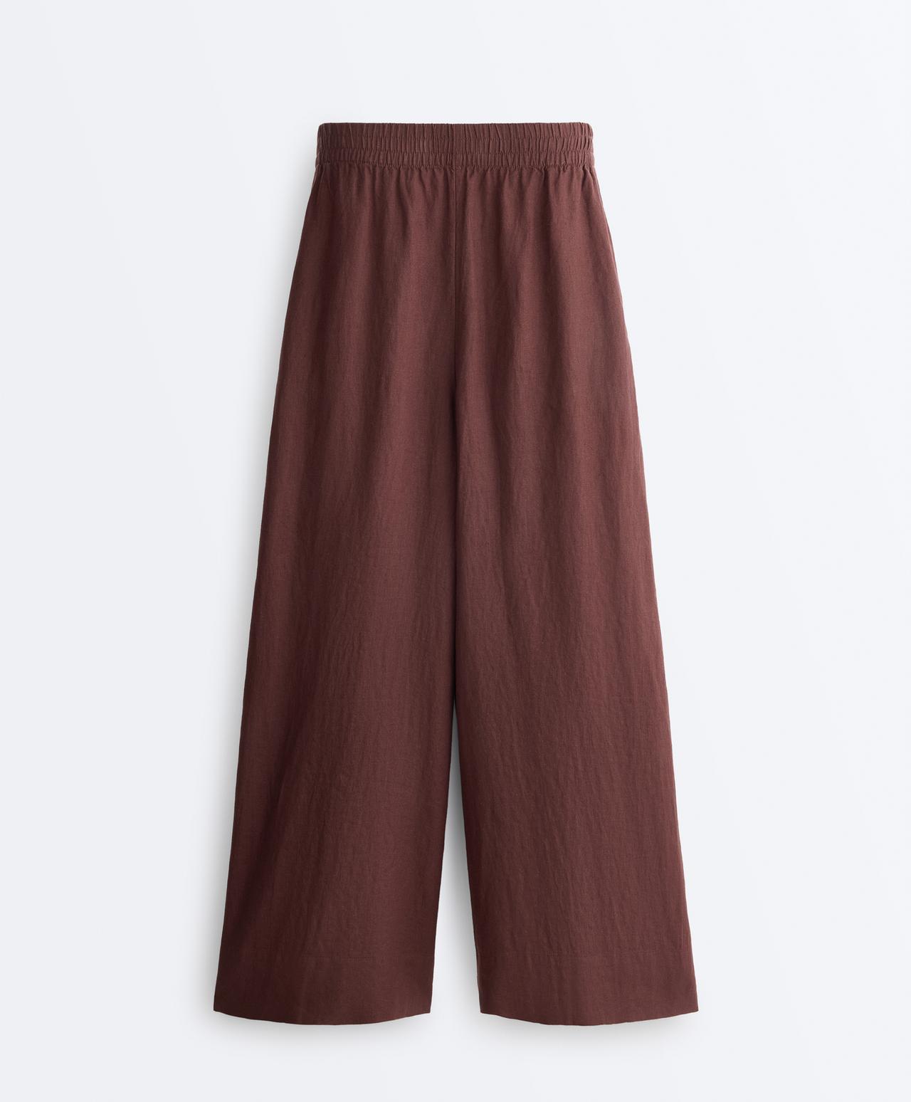 100% linen super wide-leg cropped trousers — CHOCOLATE