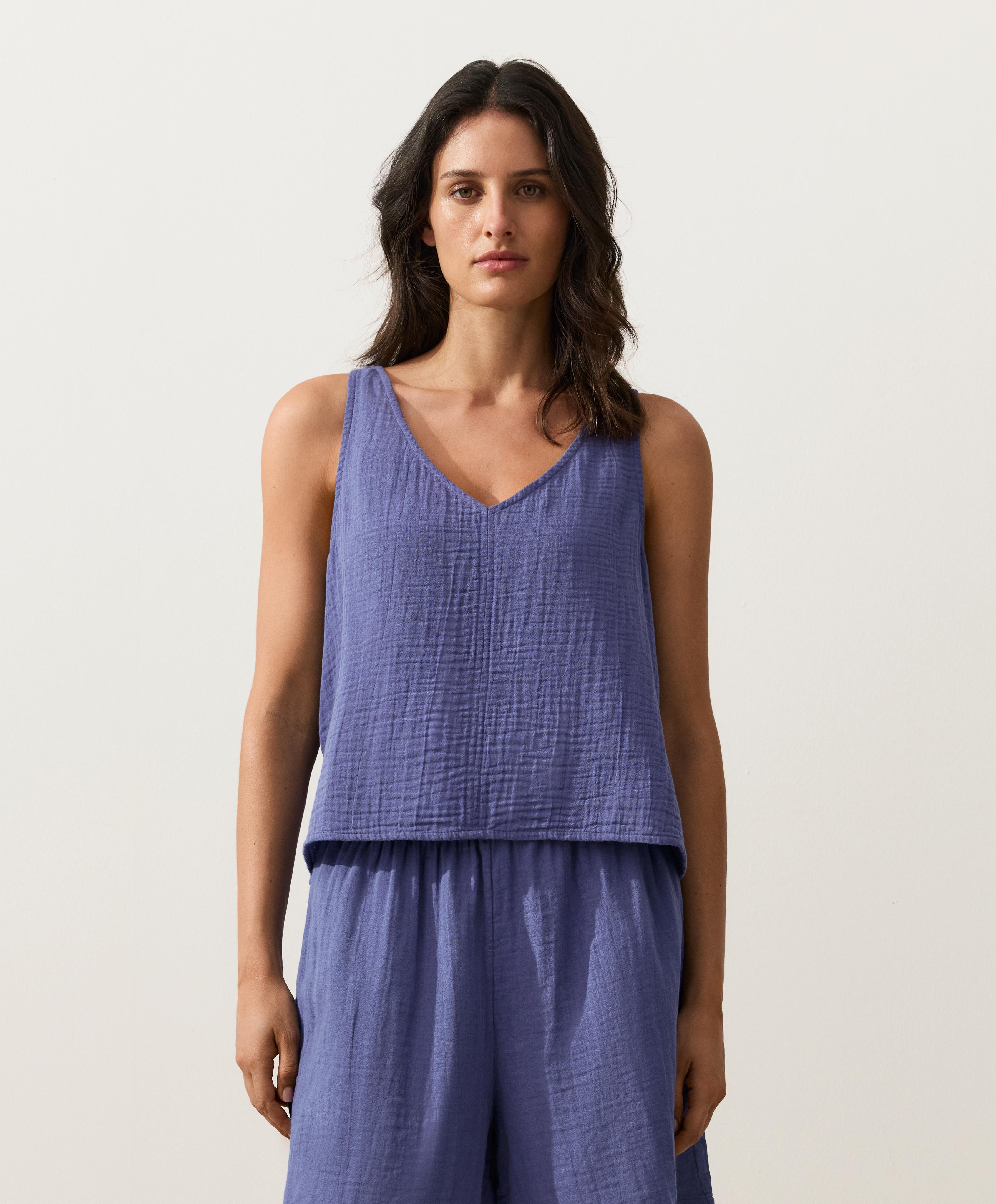 100% cotton gauze V-neck strappy top — BLUEBERRY