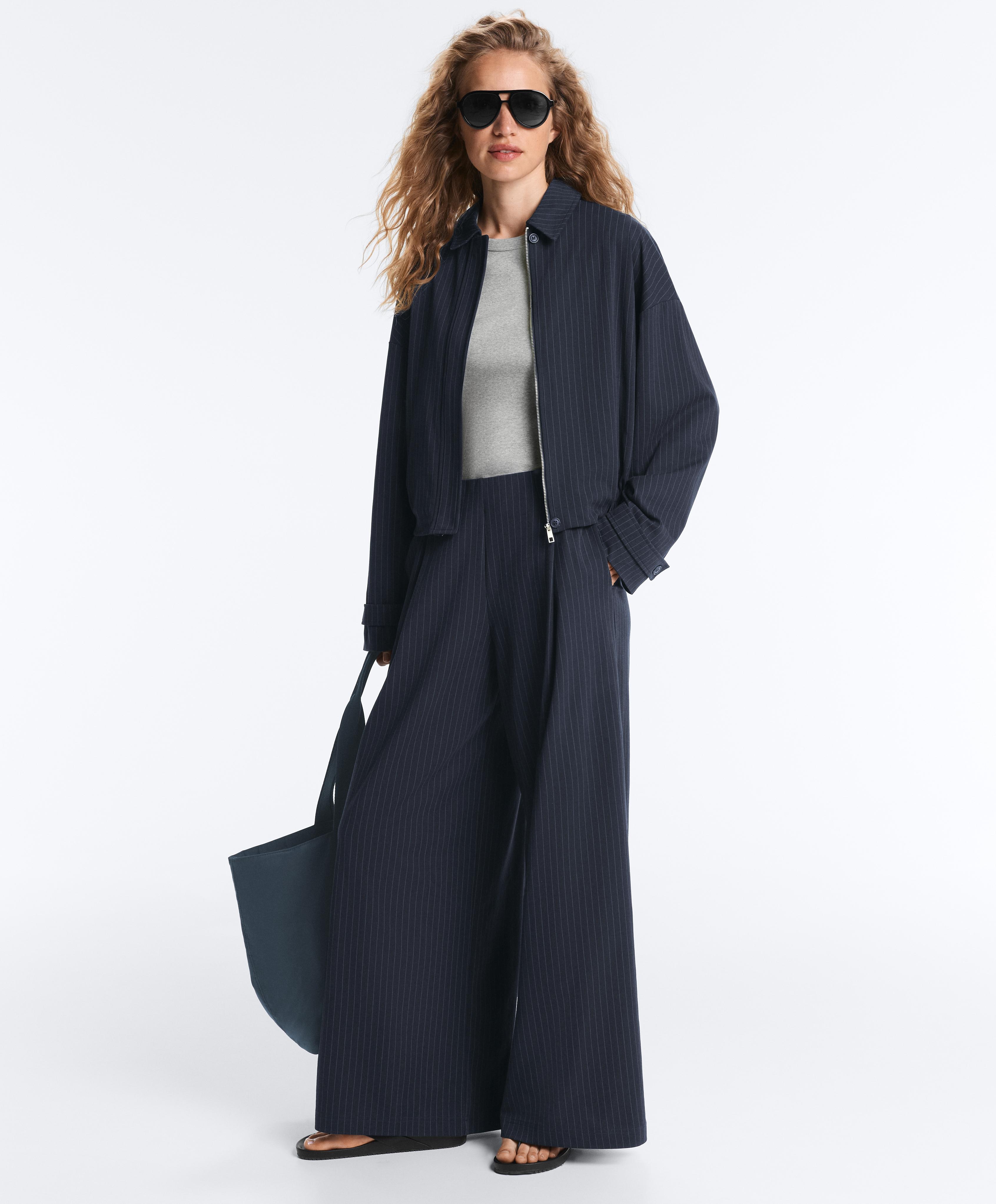 Pinstripe cotton pique wide-leg trousers — NAVY BLUE
