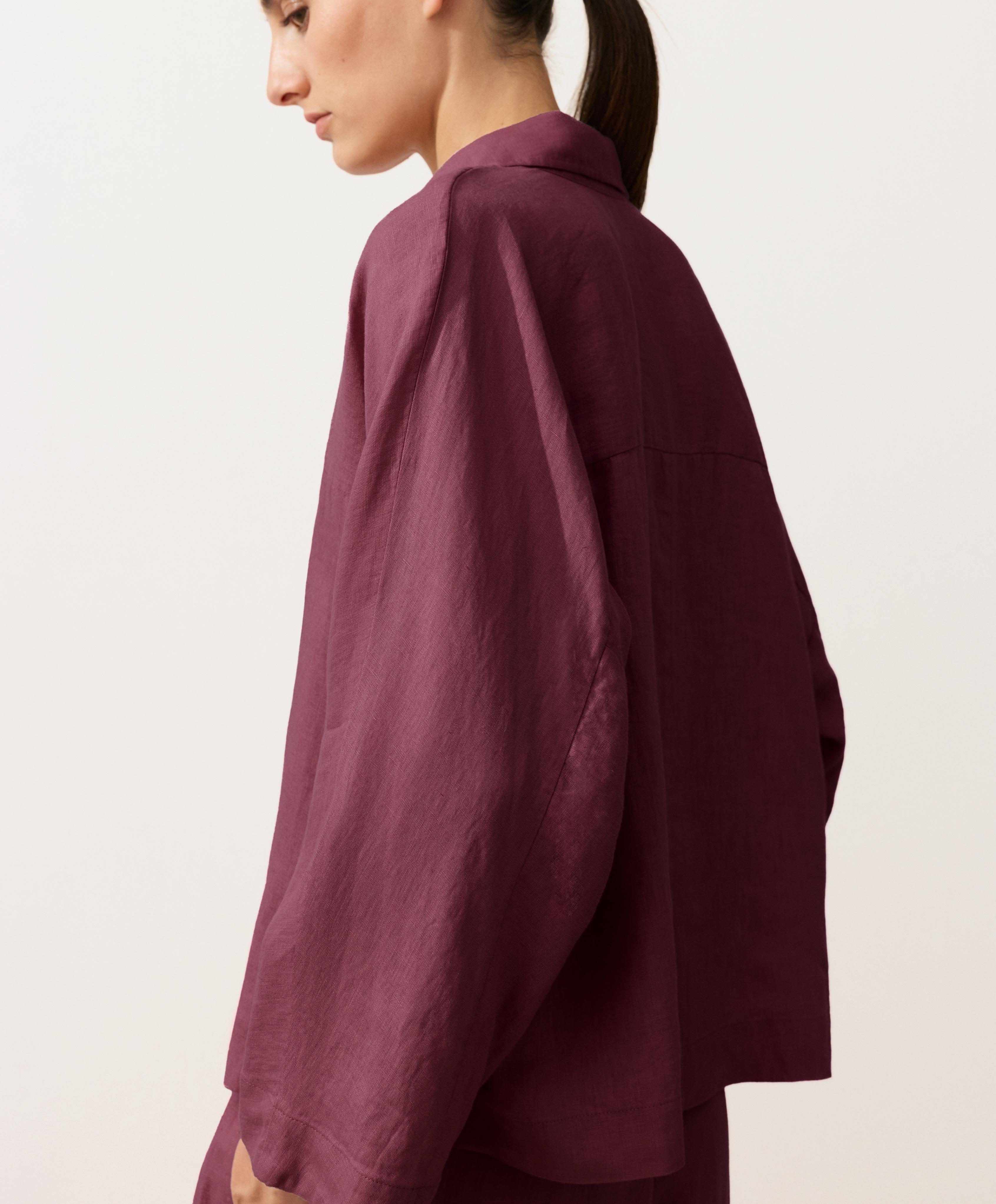 Oversize long-sleeve 100% linen polo shirt — CHERRY