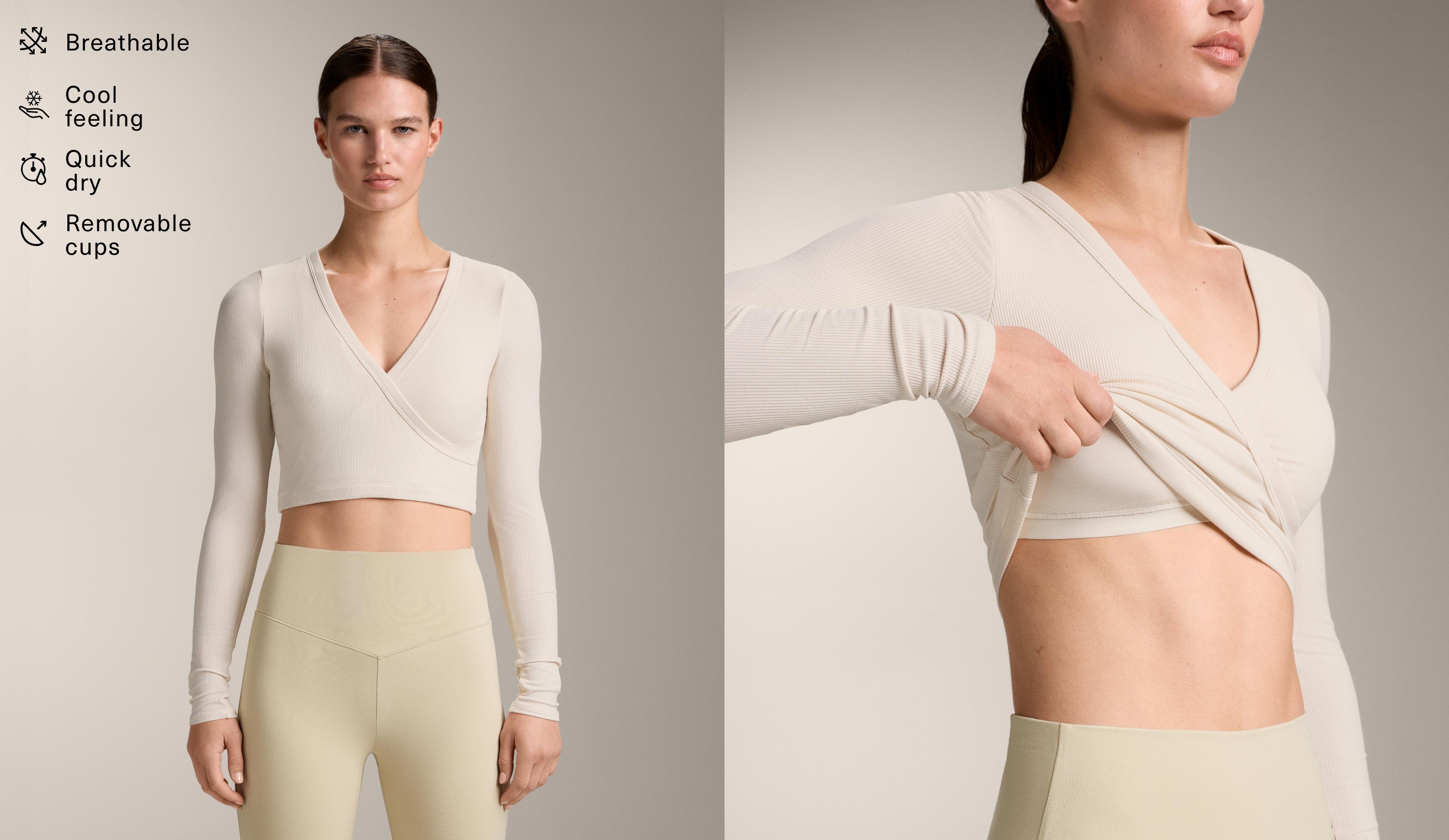 Rib modal blend long sleeve crossover tank top — PALE ECRU
