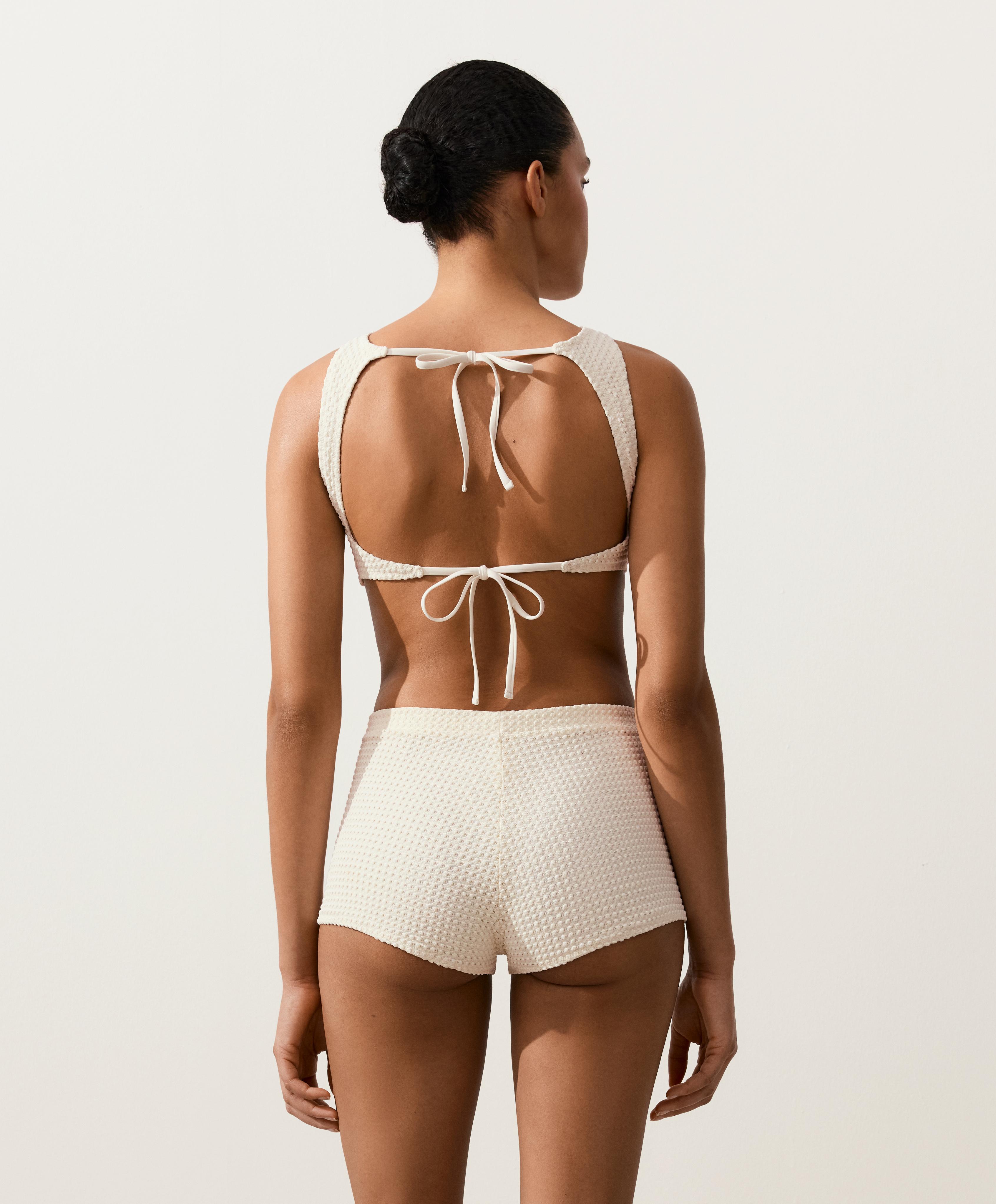 Bubble-texture crochet high-waisted bikini shorts — ECRU