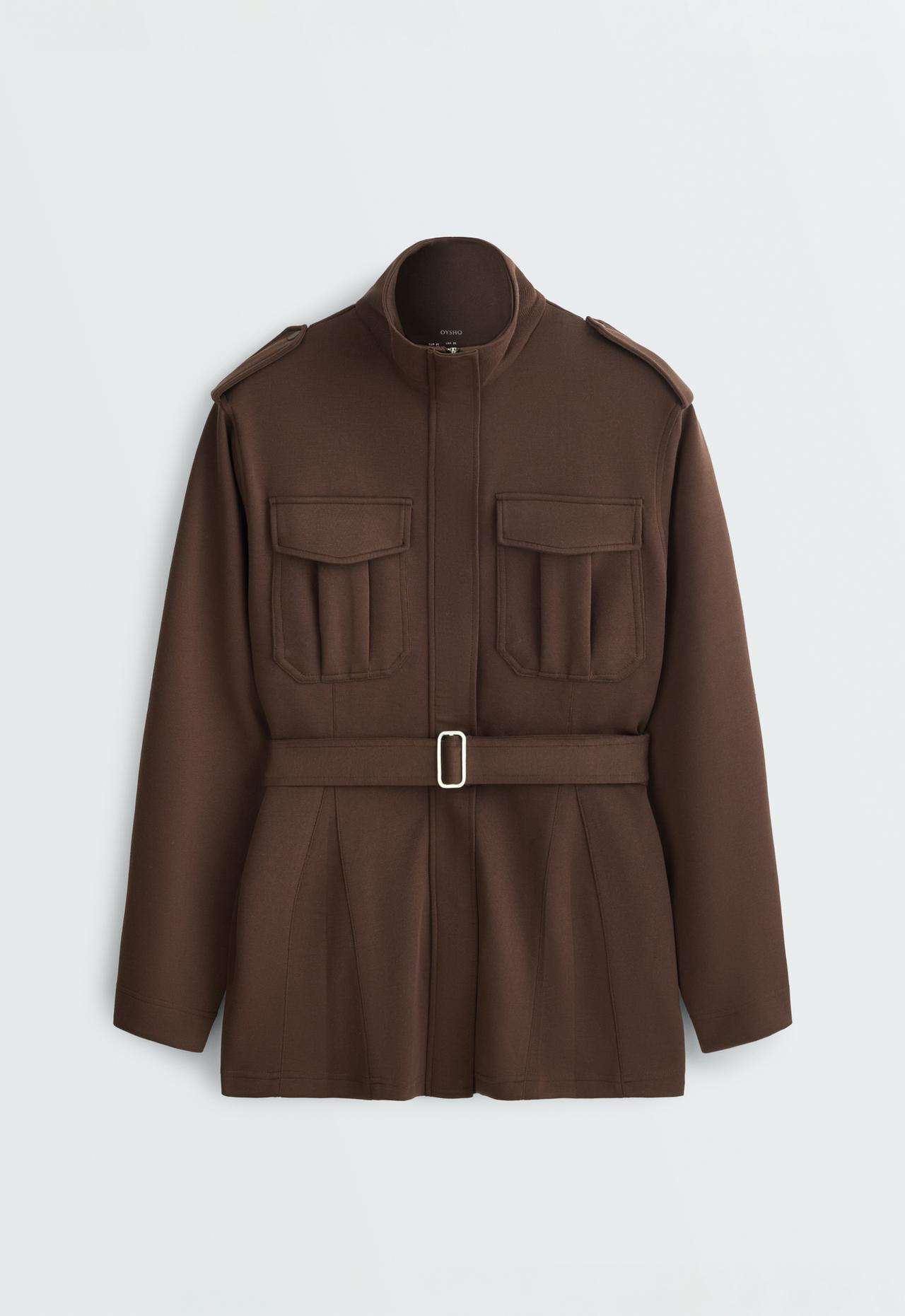 Long utility pique jacket with belt — DARK BROWN