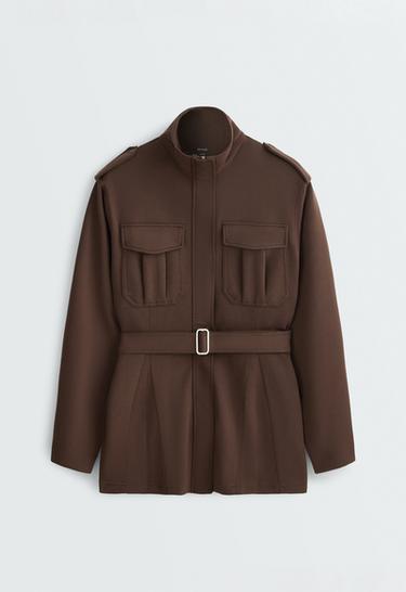 Long utility pique jacket with belt — DARK BROWN 12