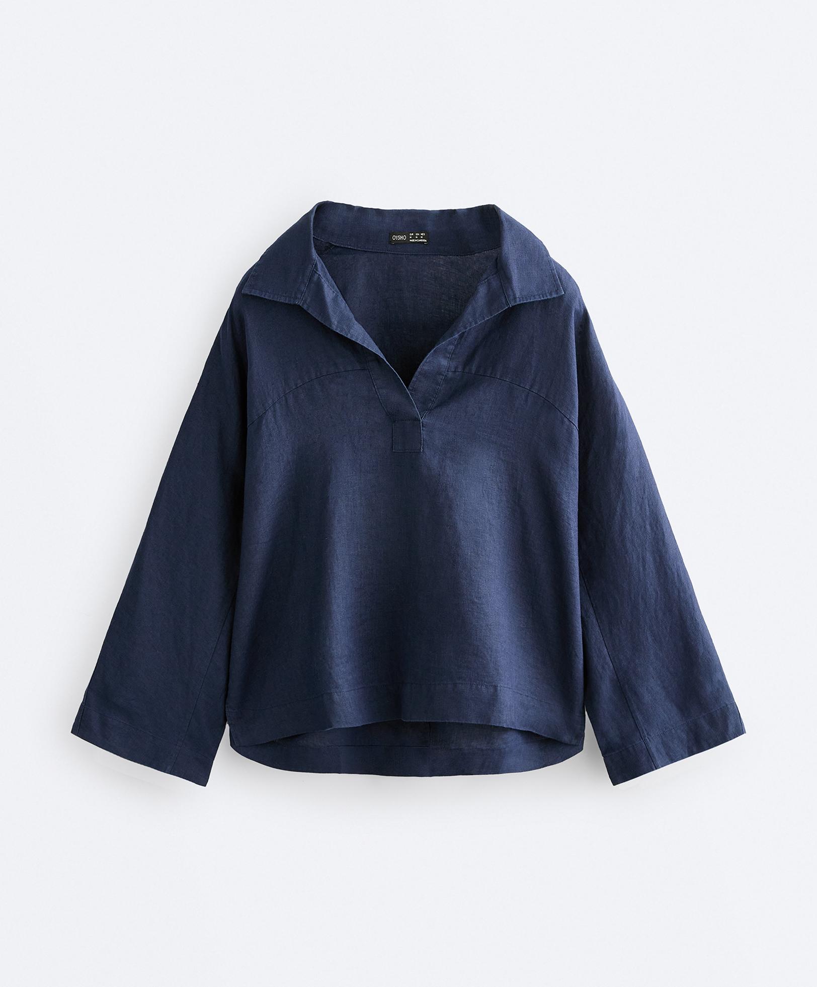 Oversize long-sleeve 100% linen polo shirt — NAVY