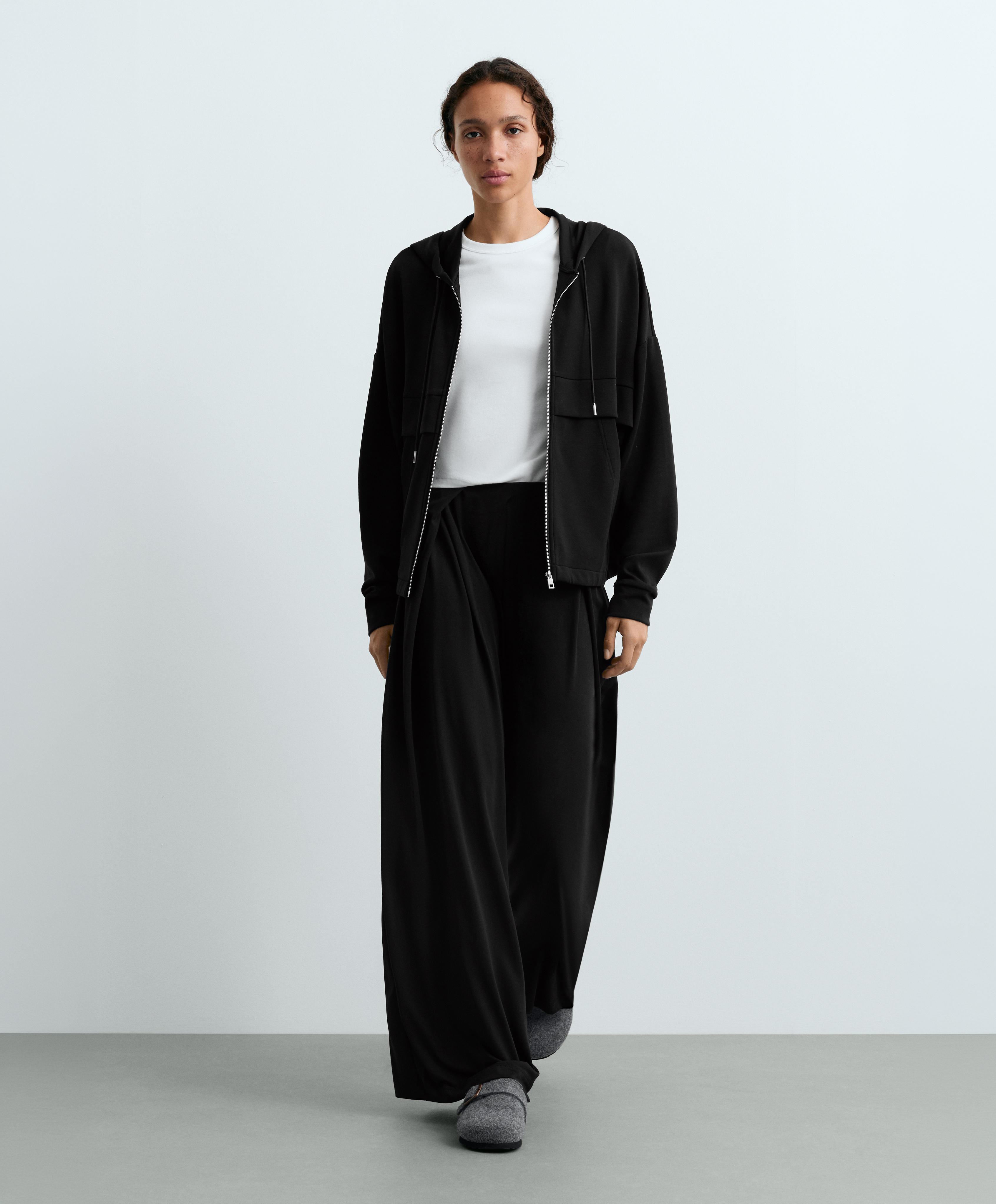 Modal blend straight-leg trousers with side pleat — BLACK