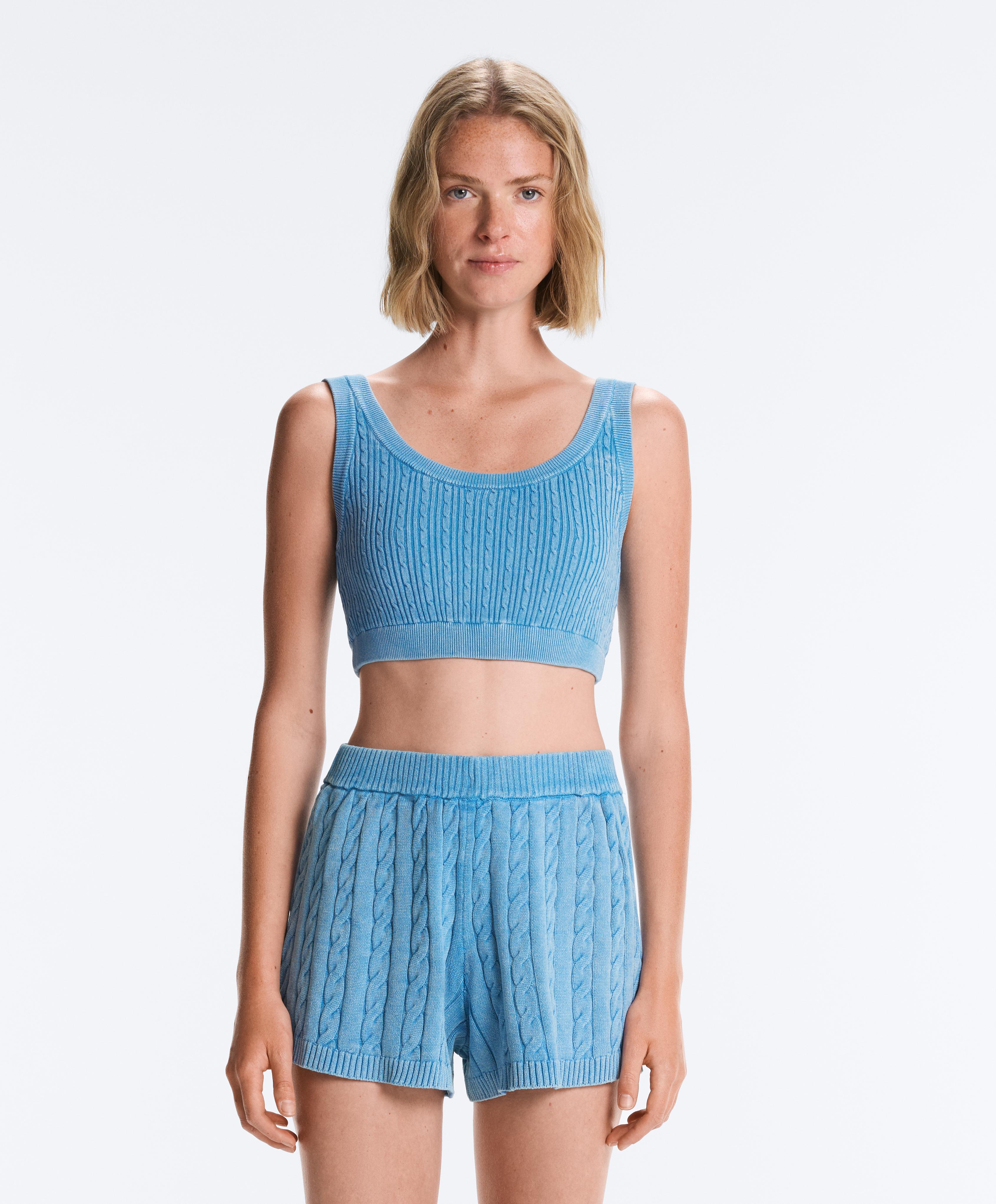 Washed knit crop cable strap T-shirt — WASHED SKY BLUE
