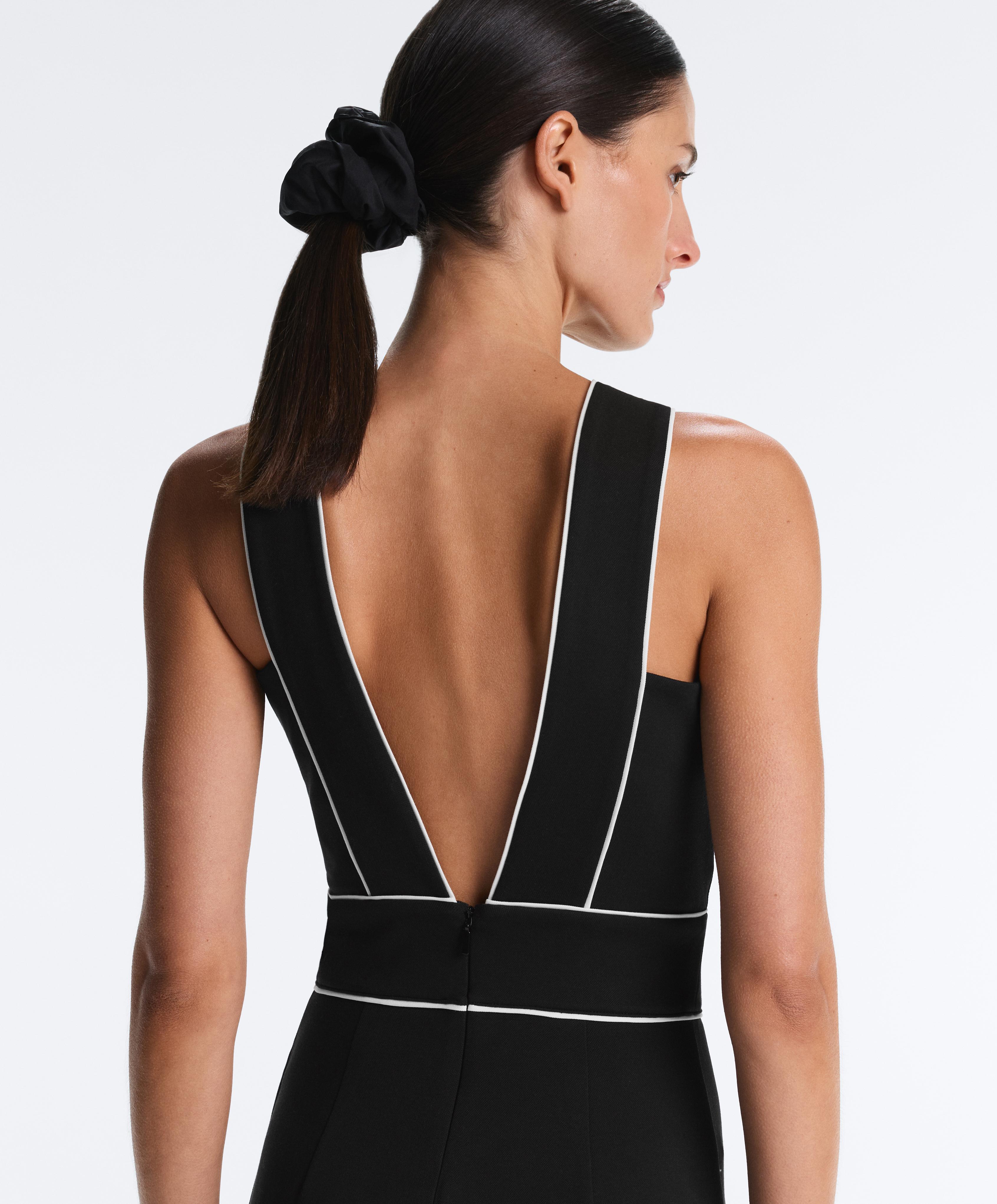 Long piping piqué jumpsuit with cotton — BLACK
