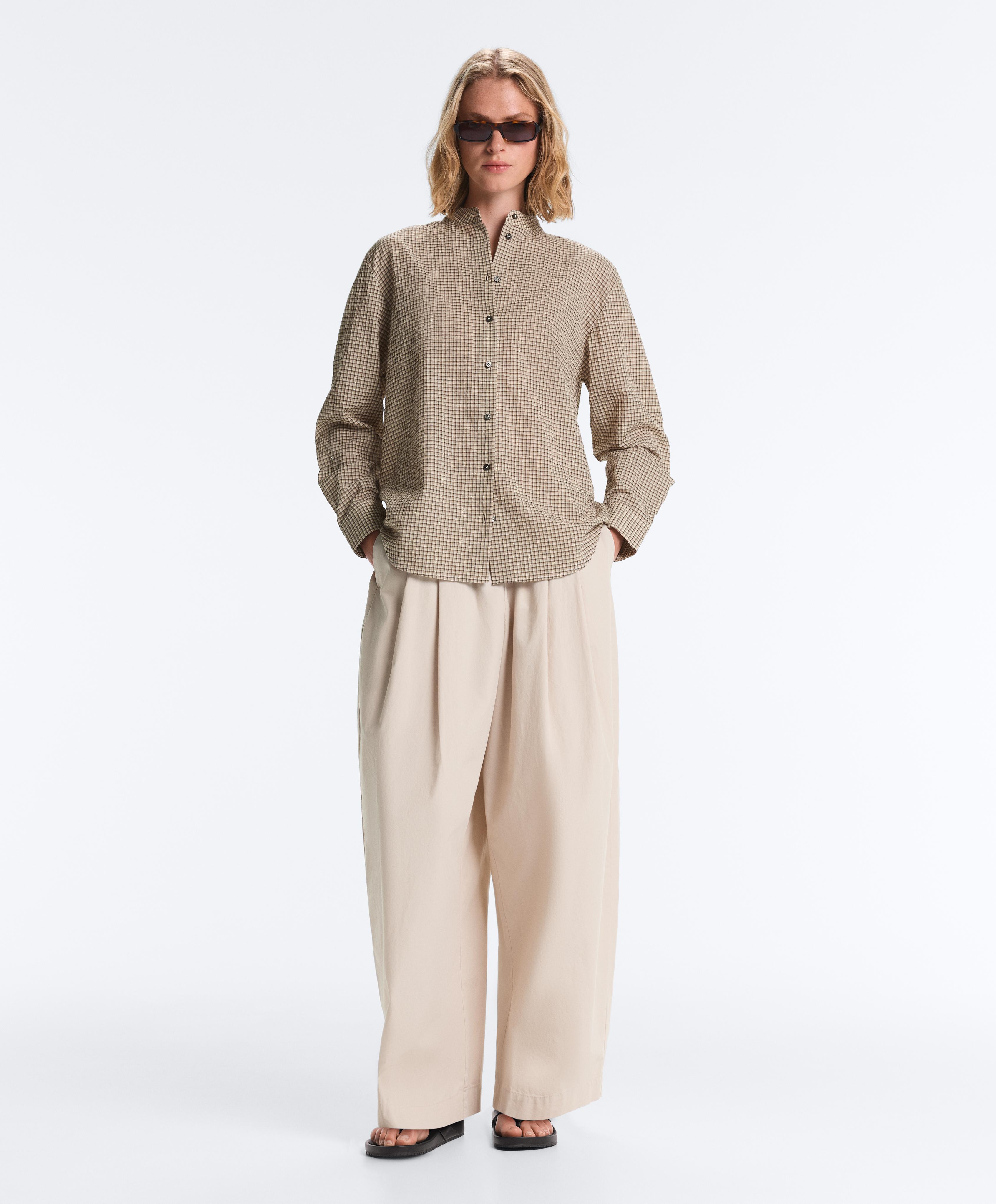 Check cotton blend stand-up collar shirt — BEIGE