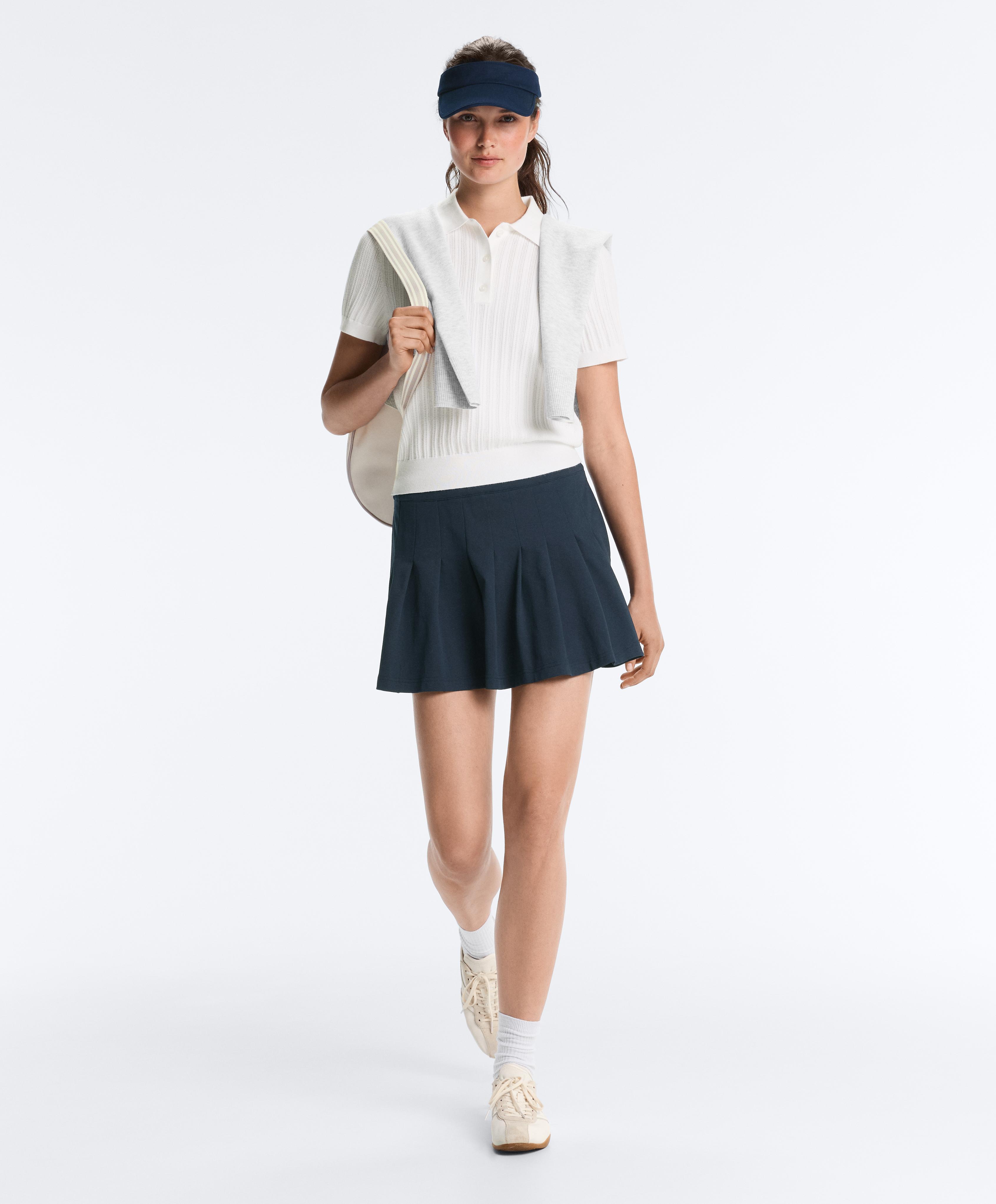 Cotton piqué pleated mini skirt — NAVY BLUE