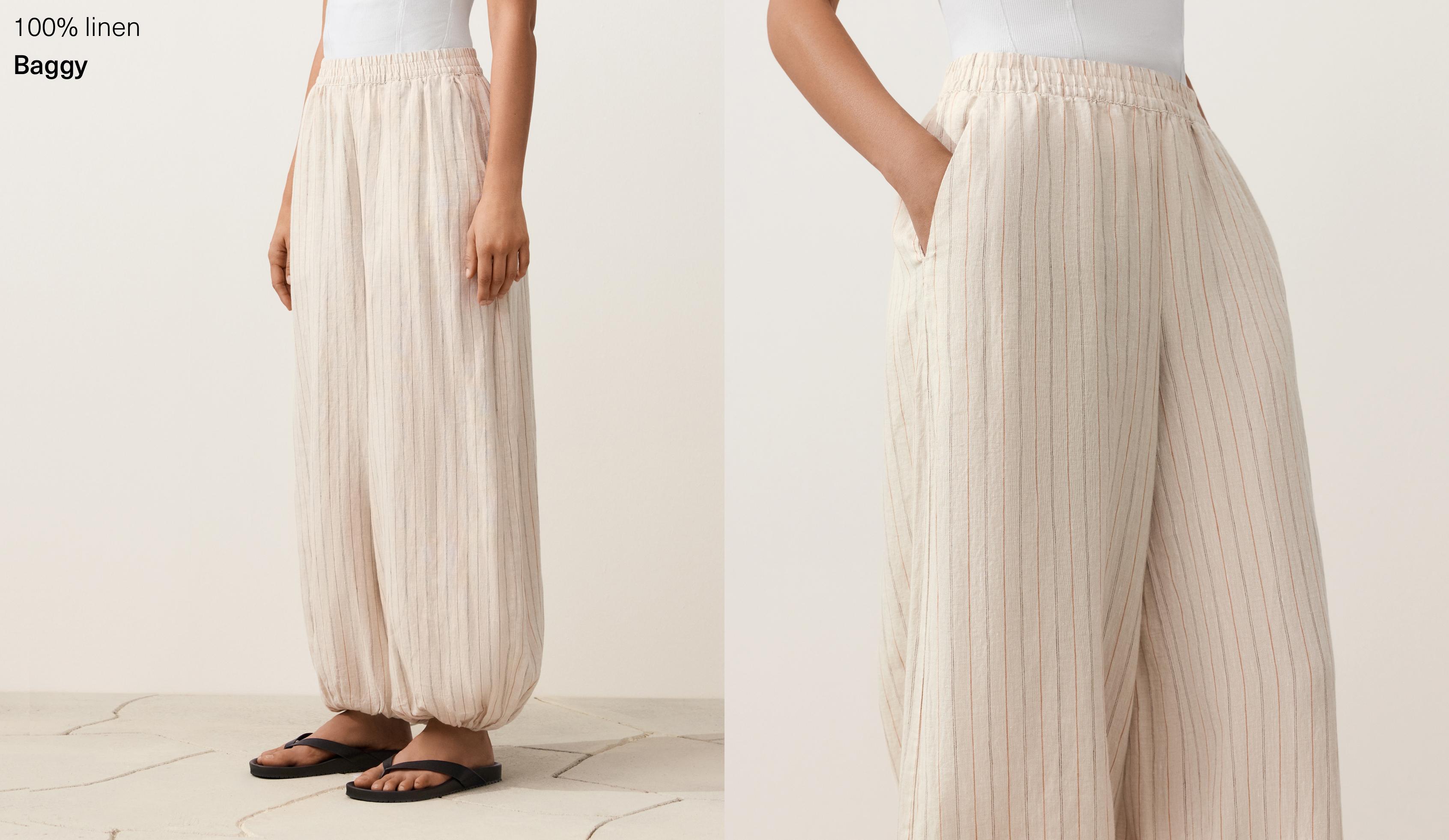 بنطلون مخطط فضفاض 100% من الكتان