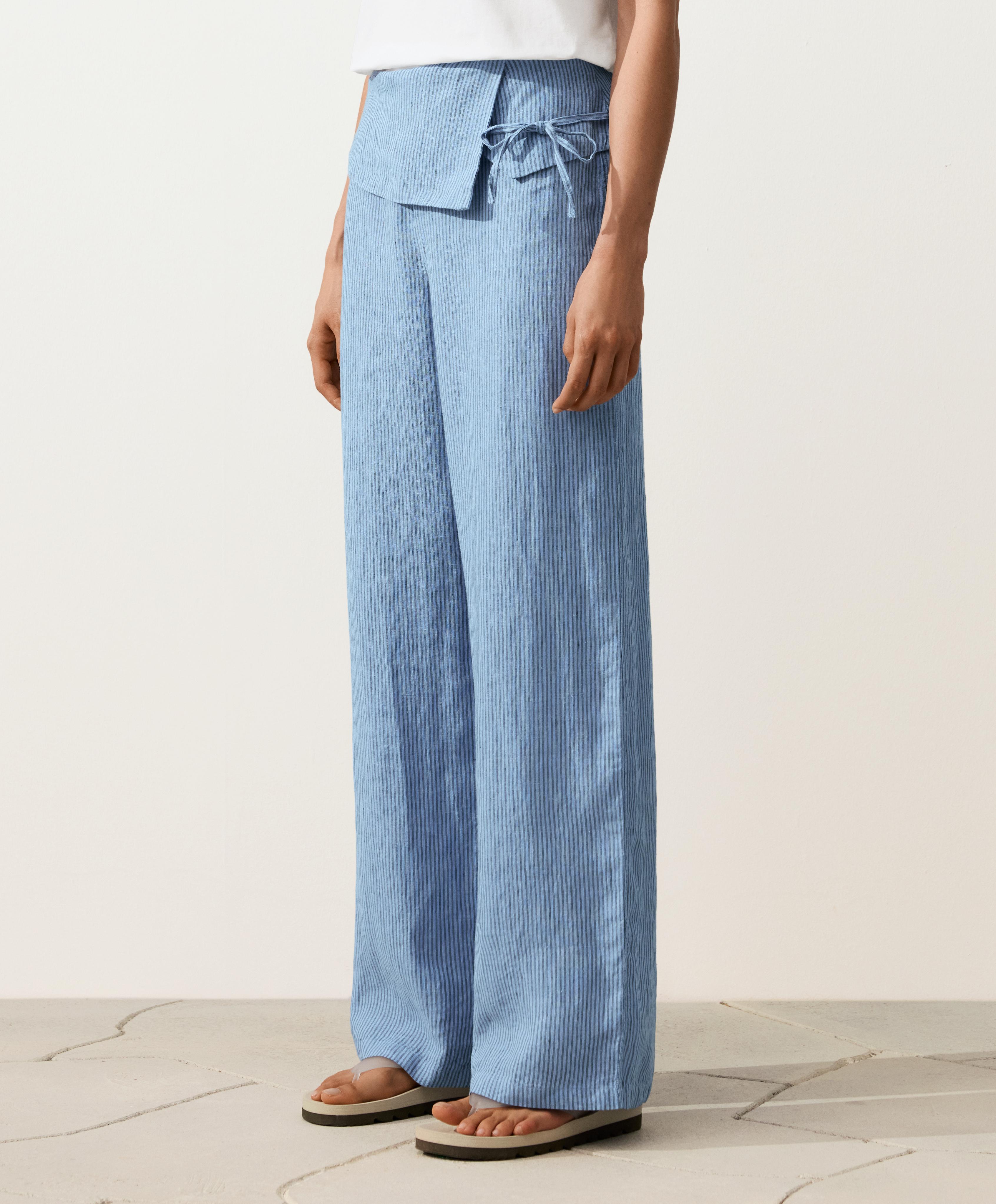 100% linen straight-leg trousers with turn-up waist — MID WASHED GREY-BLUE