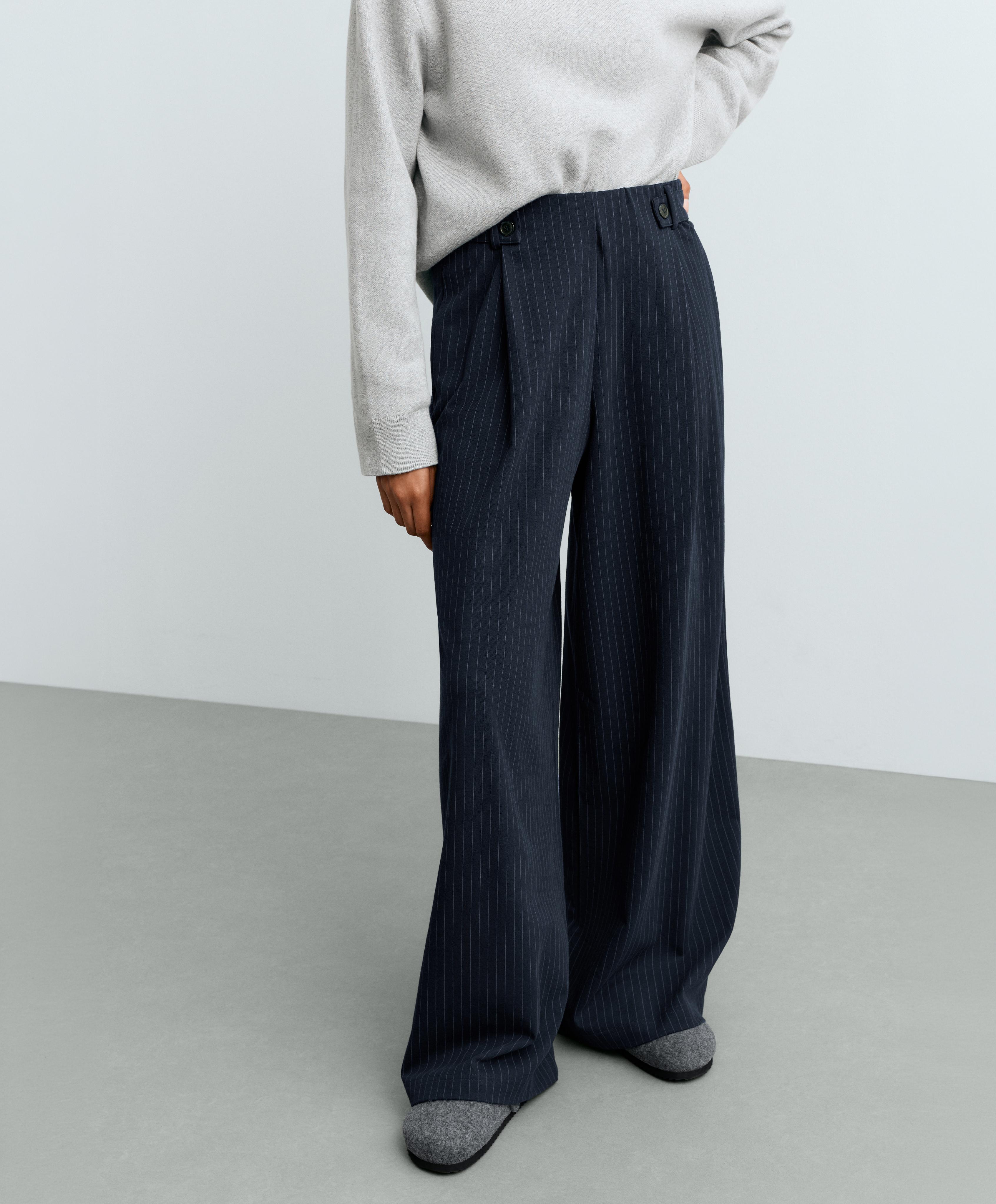 Pinstripe cotton pique wide-leg trousers — NAVY BLUE