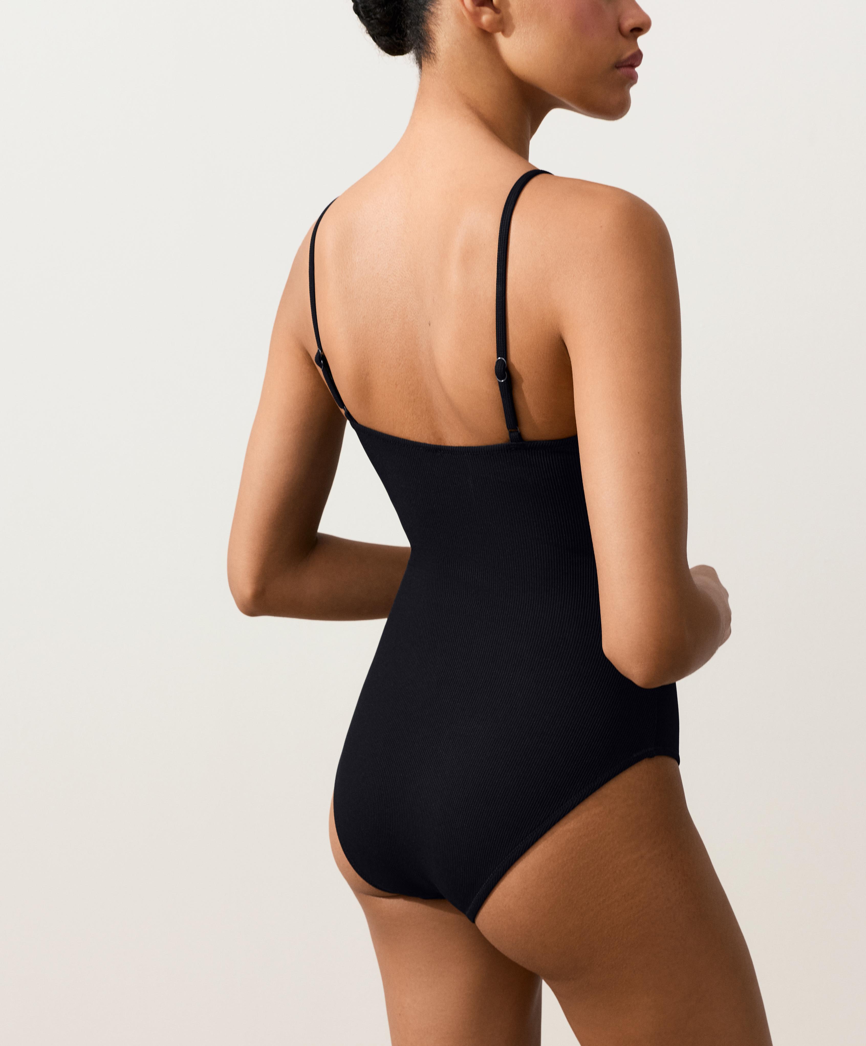Piqué V-neck swimsuit — BLACK
