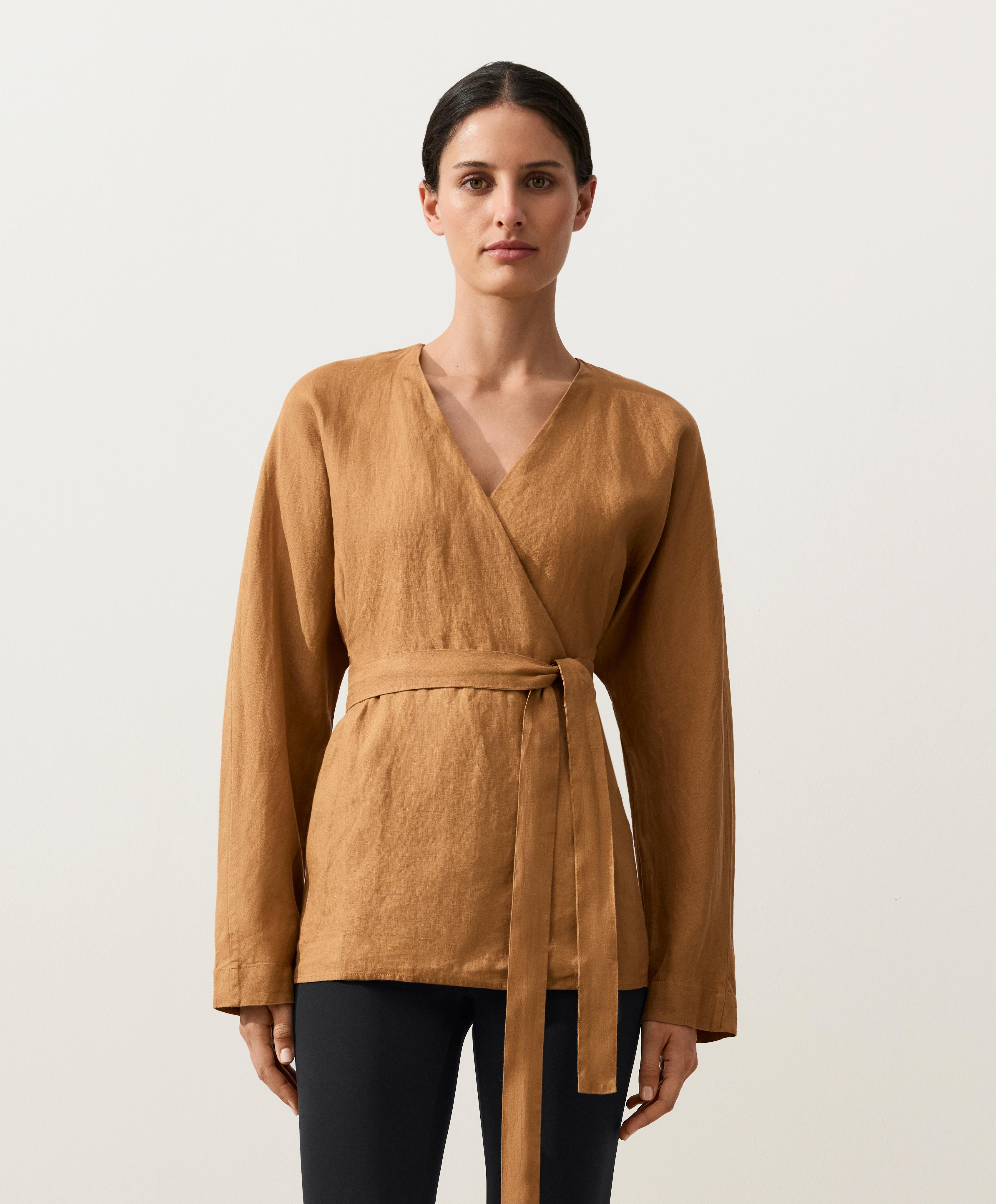 100% linen striped kimono shirt — MUSTARD
