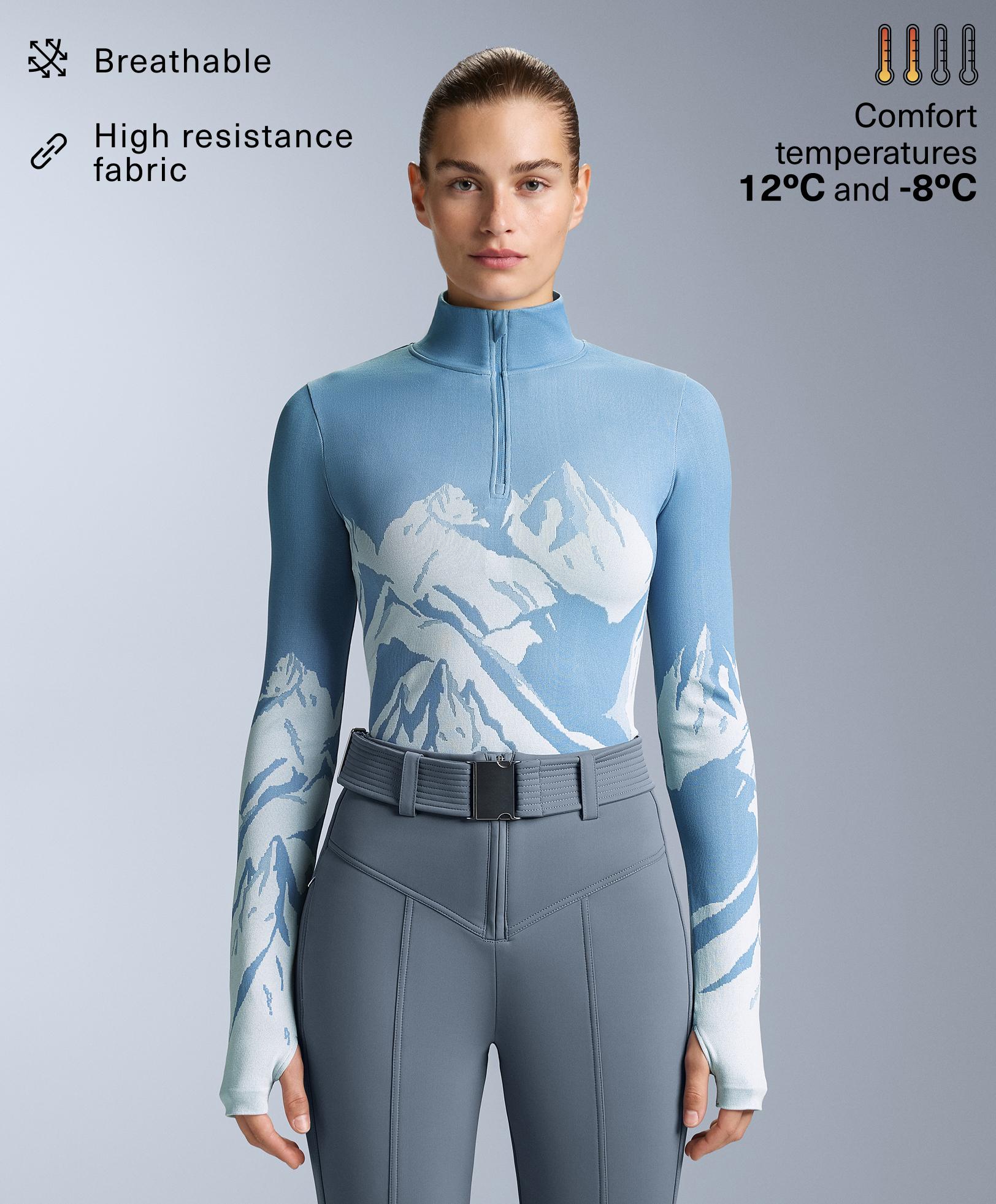 Seamless base layer thermal T-shirt with half zip and print — PALE BLUE