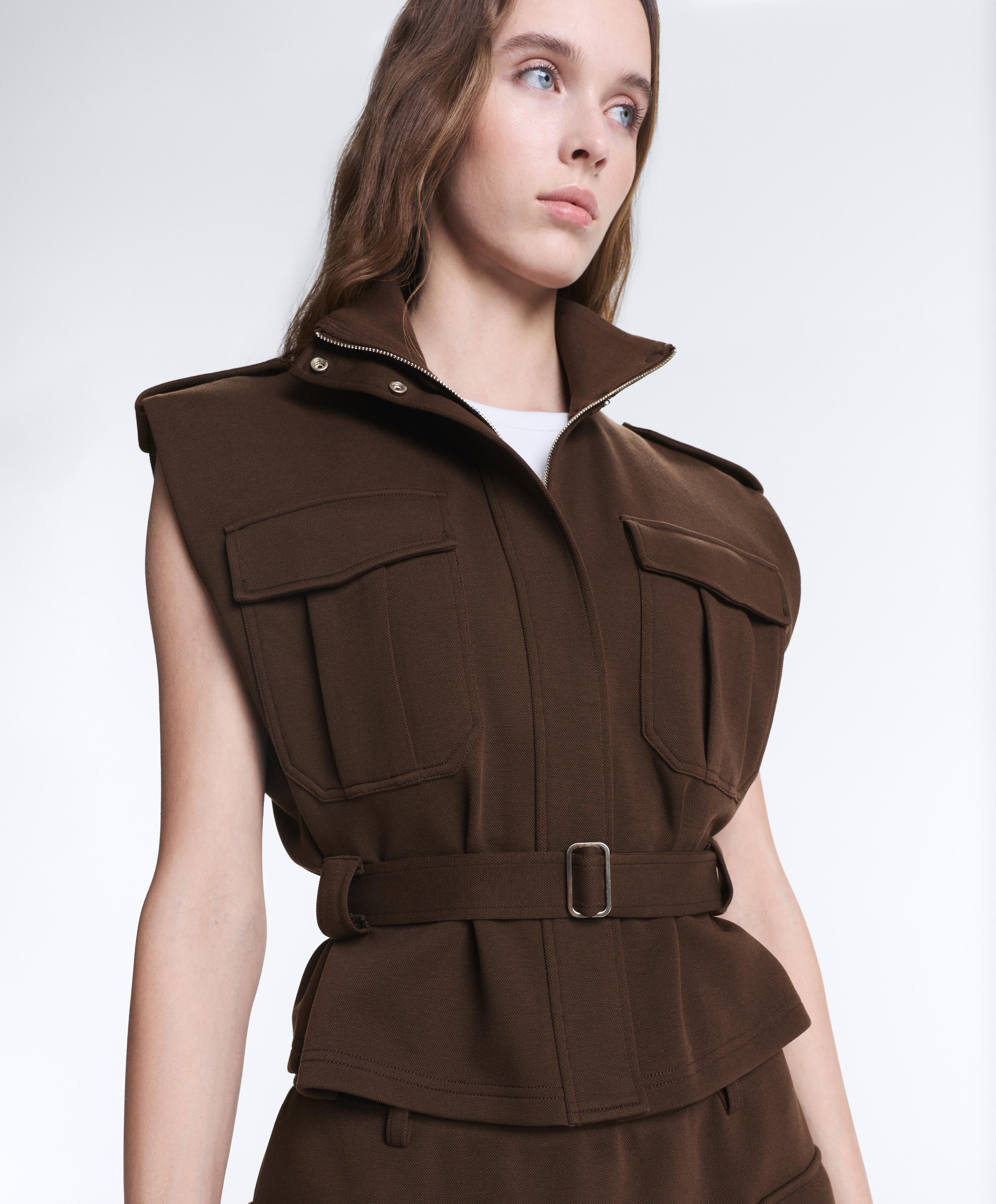 Utility piqué gilet with cotton belt — DARK BROWN