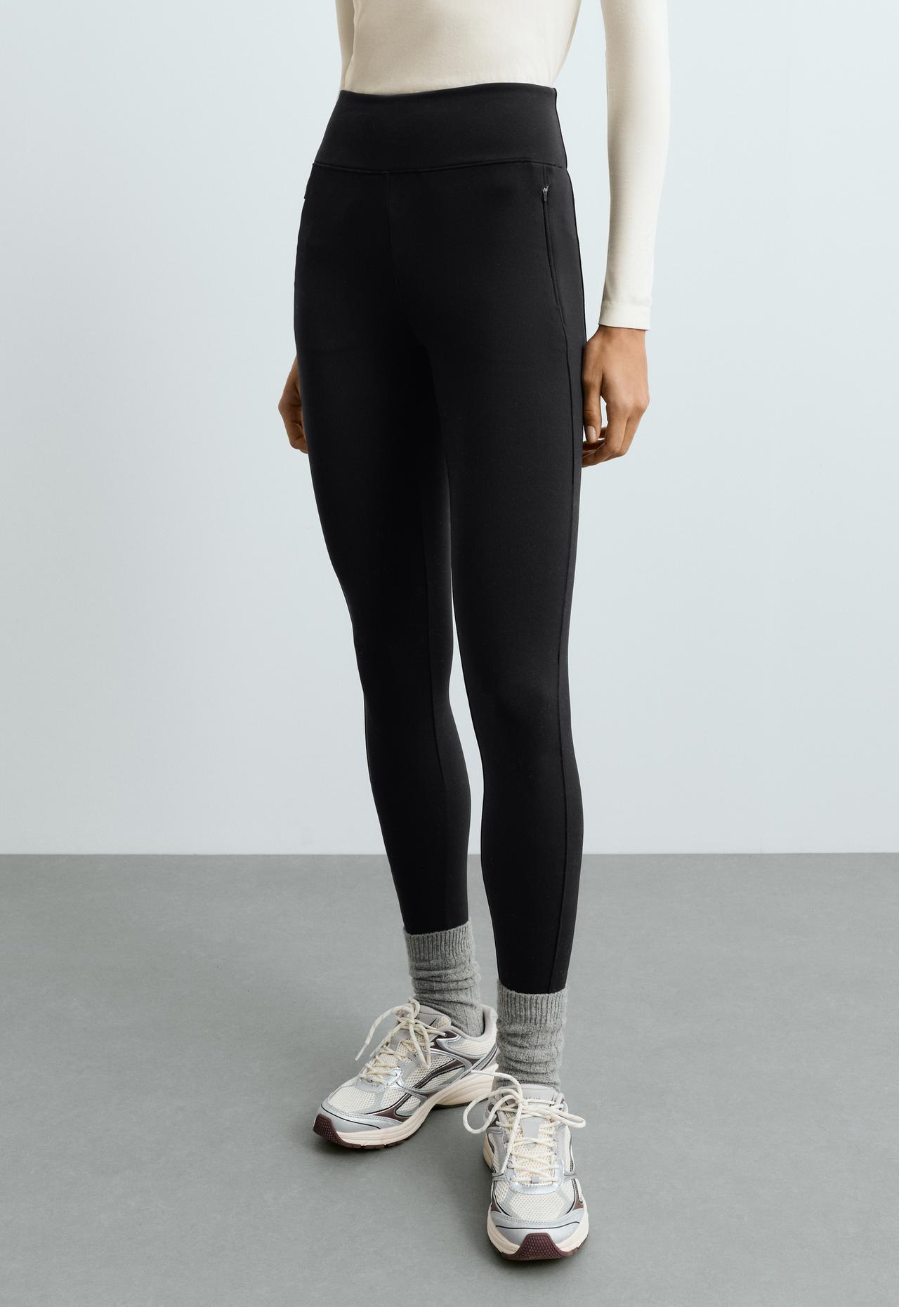 Ankle-length High rise Warm leggings with zips 70cm — BLACK