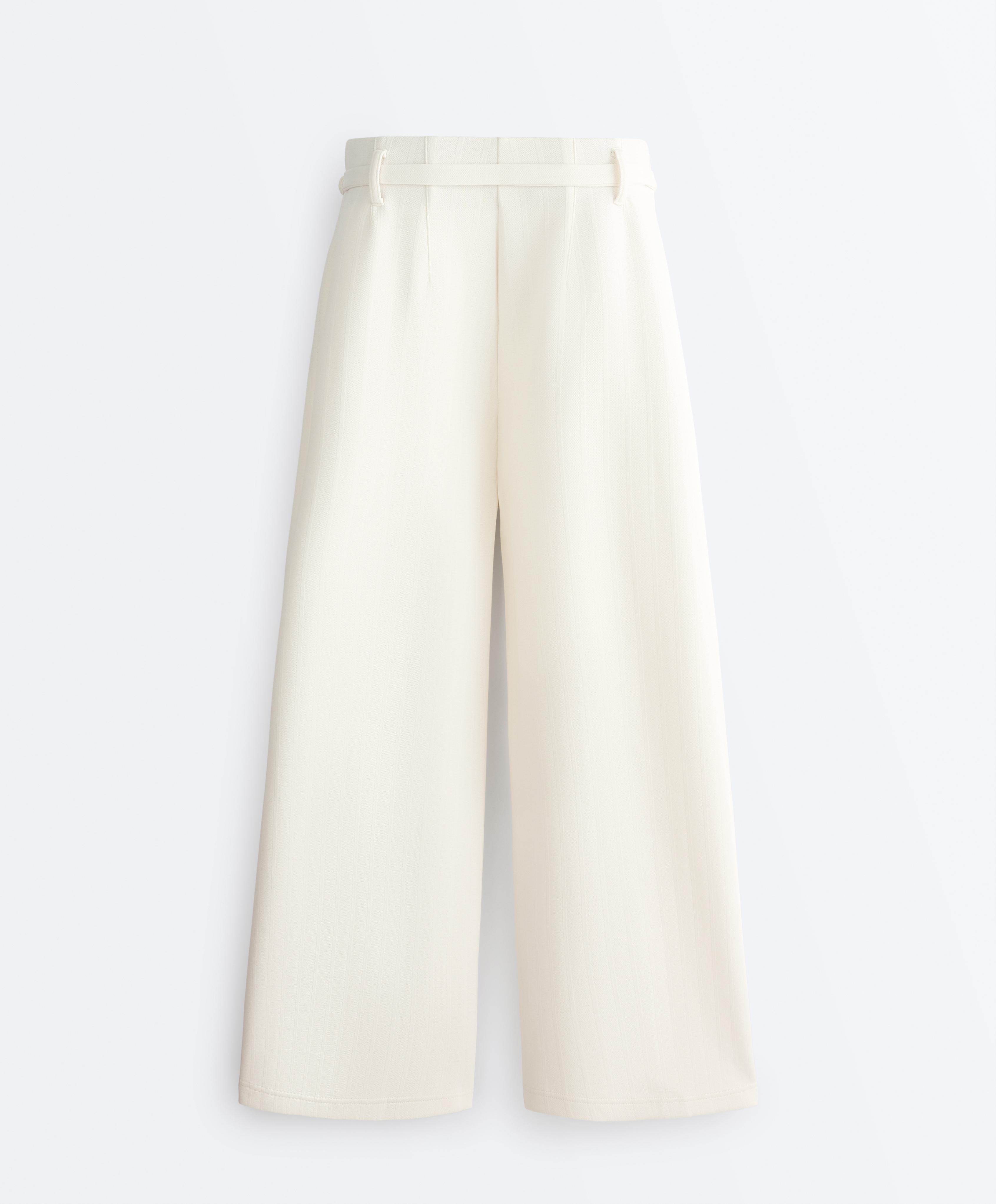 Striped cotton piqué wide-leg trousers — PALE ECRU