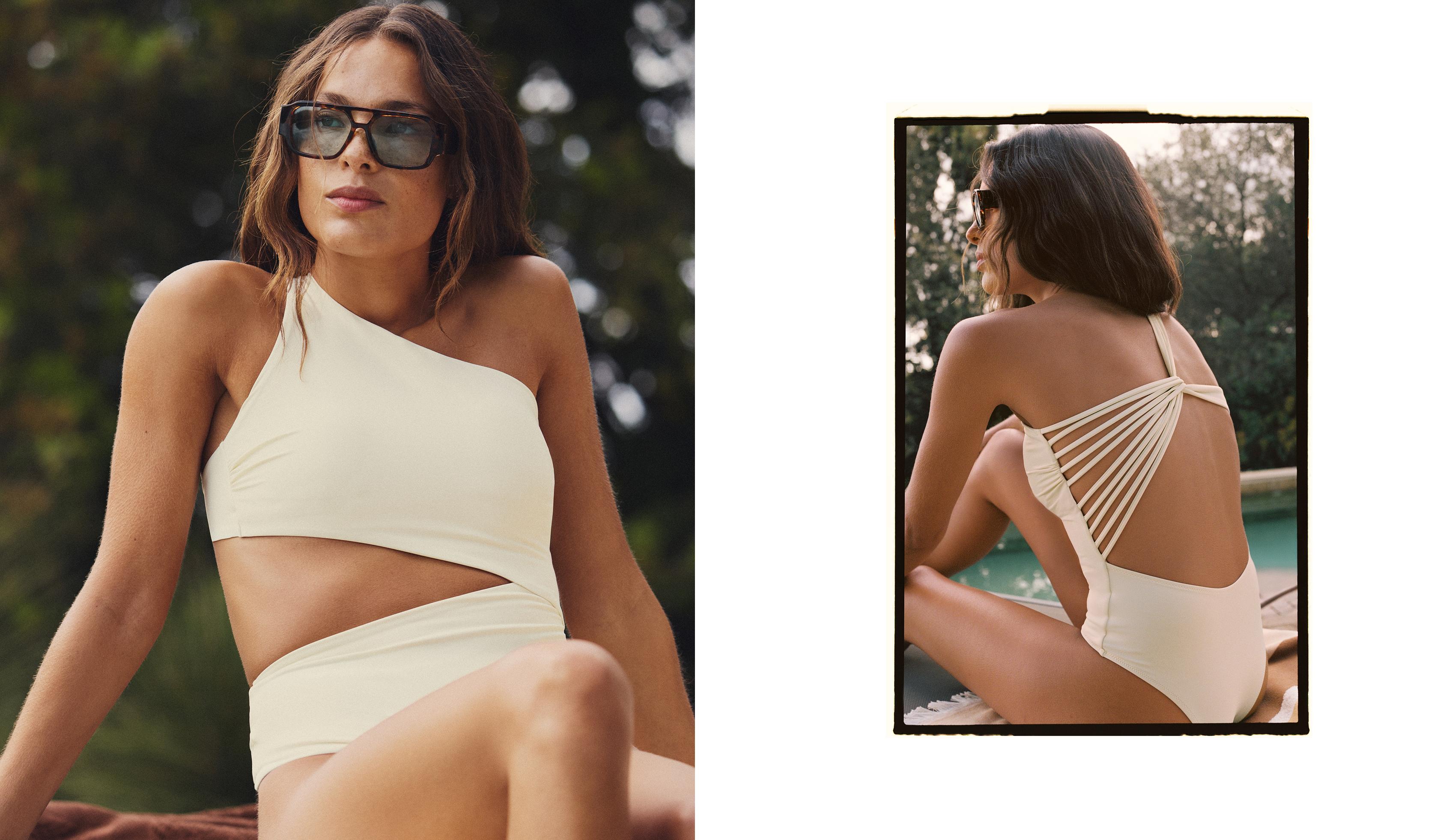 Asymmetric strap trikini — ECRU