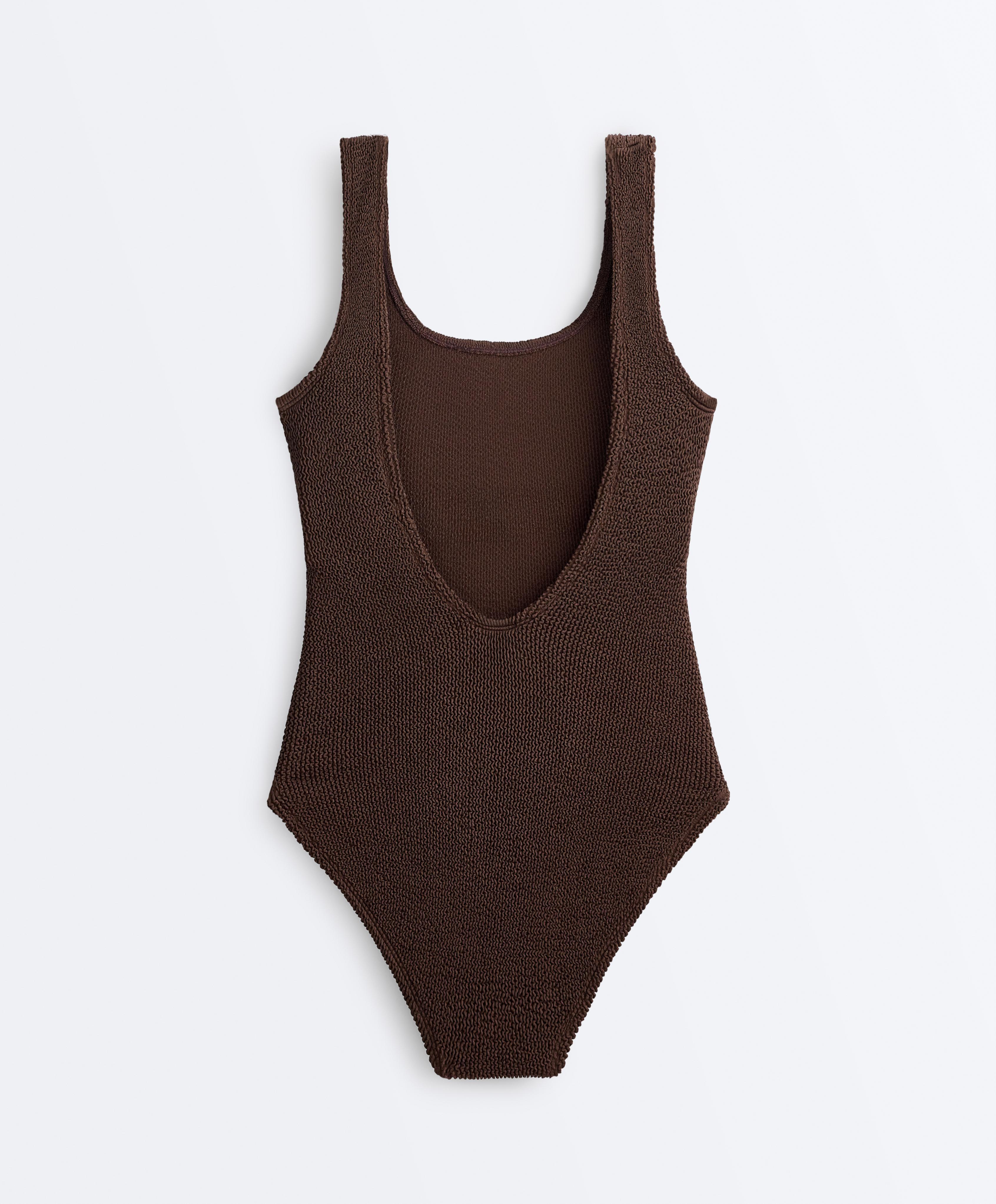 Crinkle round neck swimsuit — DARK BROWN