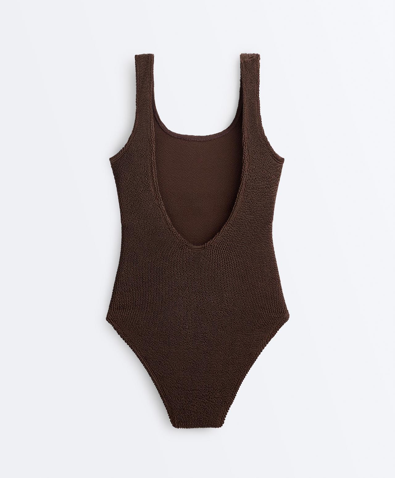 Crinkle round neck swimsuit — DARK BROWN