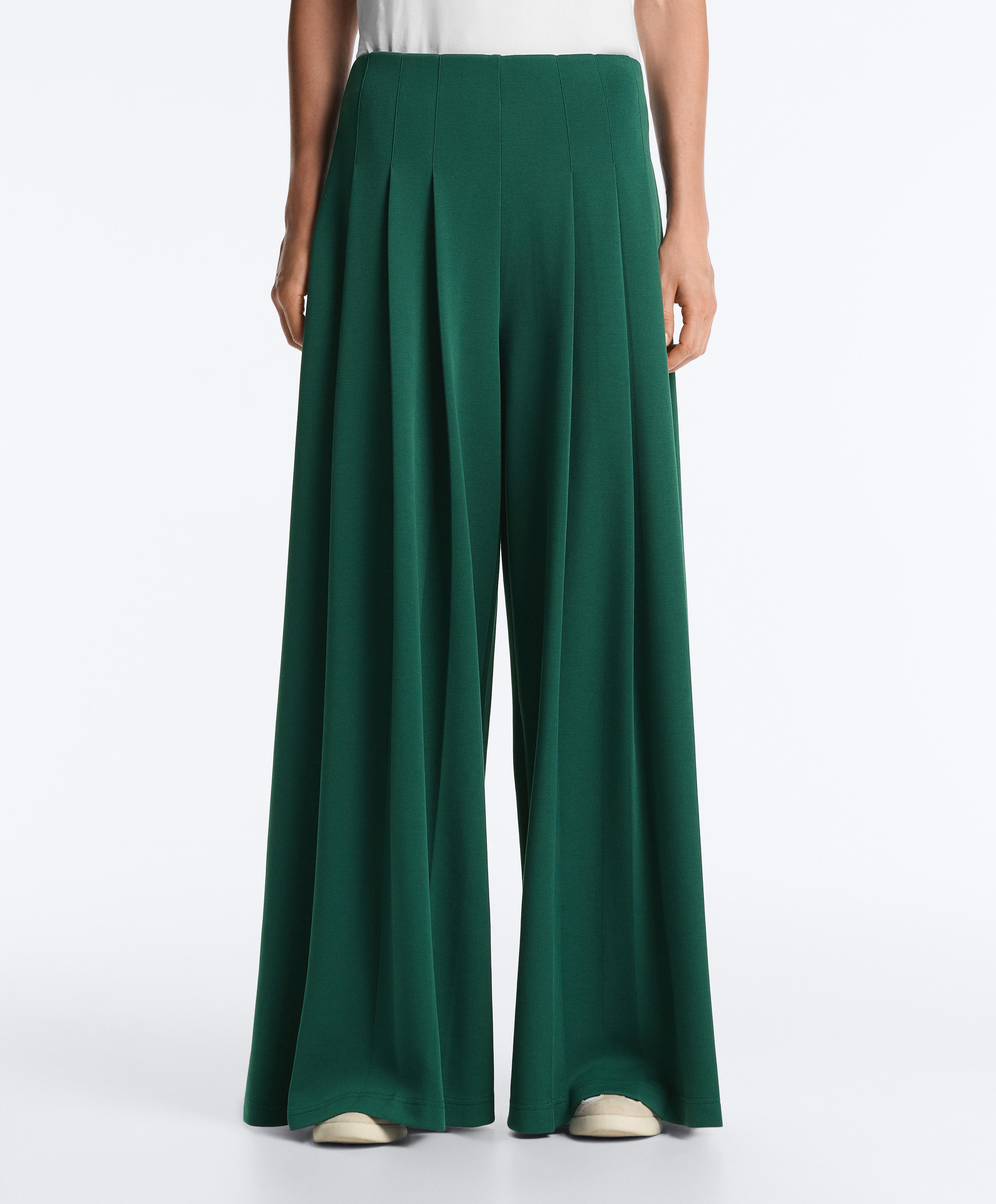 Cotton wide-leg pique trousers with pleats — DARK EMERALD