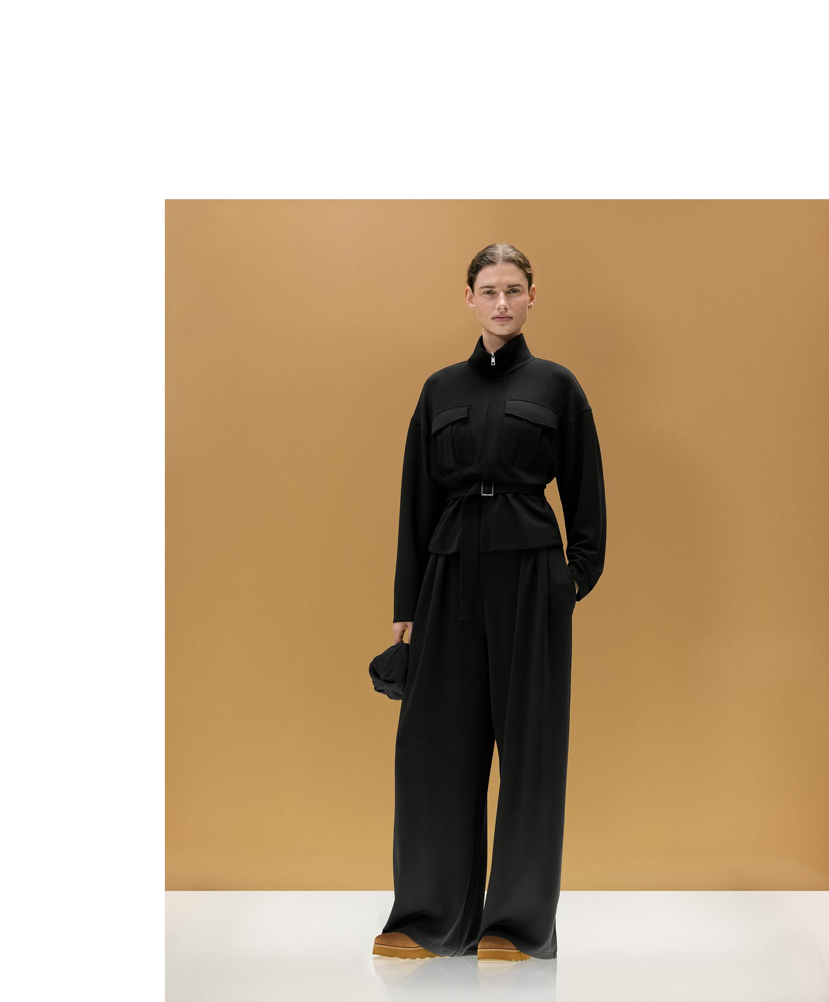 Soft-touch modal wide-leg trousers with pleat waist detail — BLACK