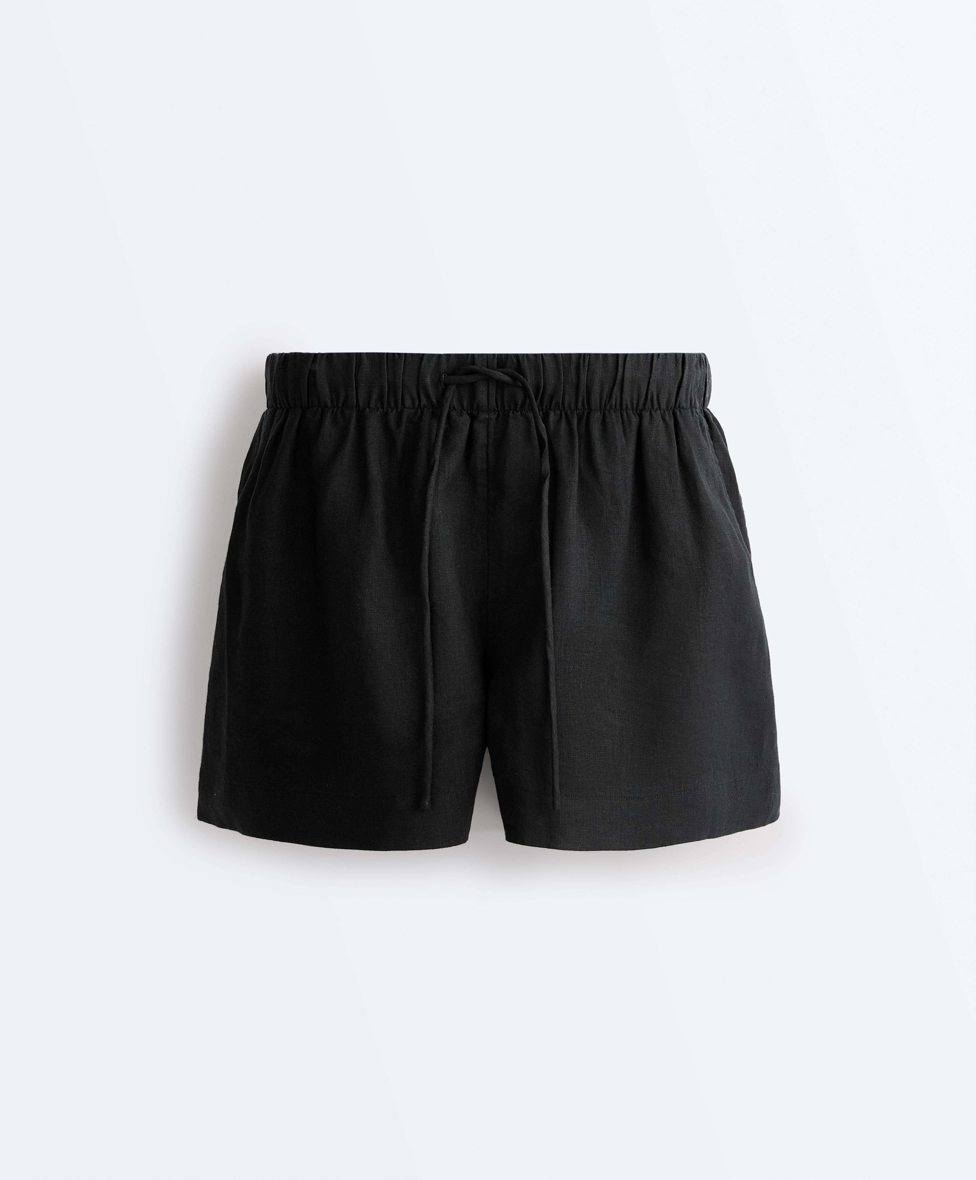 100% linen mid-rise shorts — BLACK