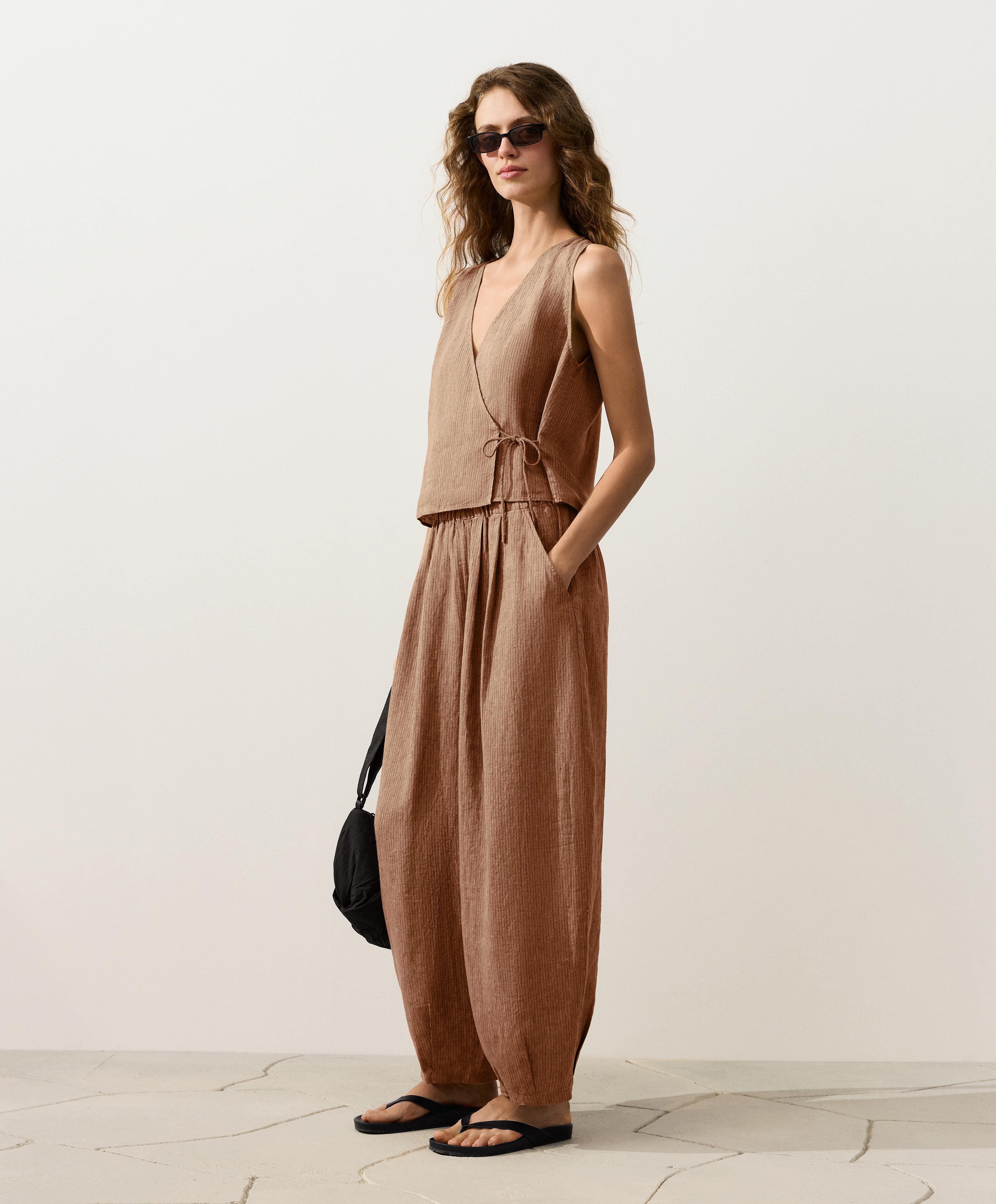 100% linen square neck crossover tie top — TAN MELANGE