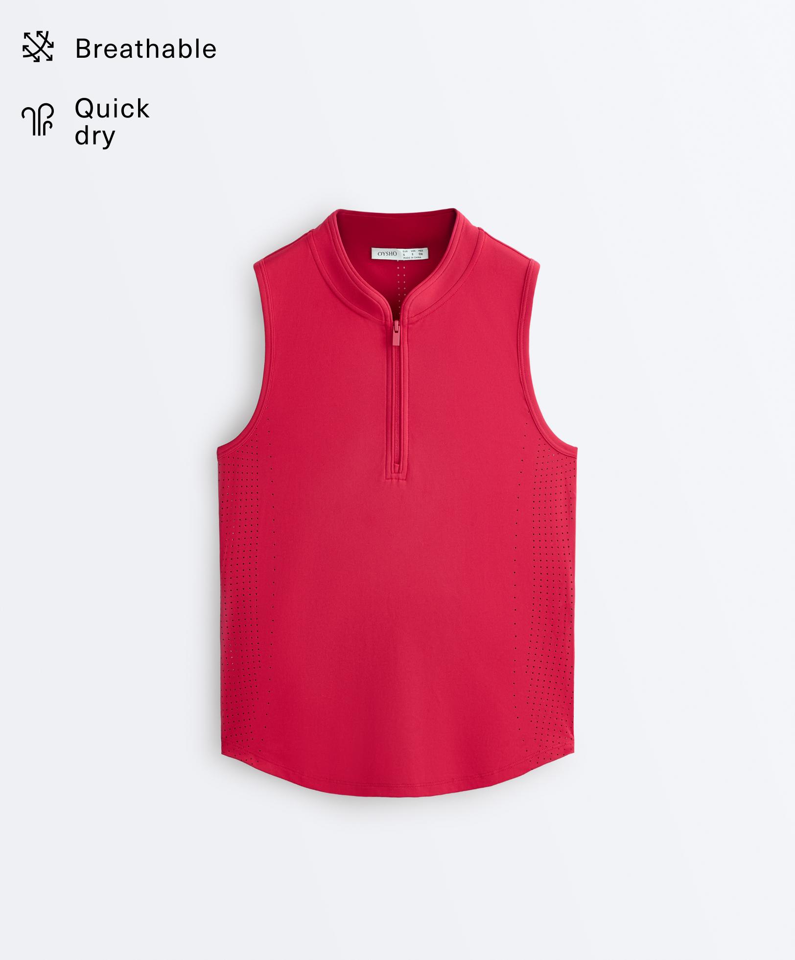 Technical sleeveless T-shirt with half zip — RED