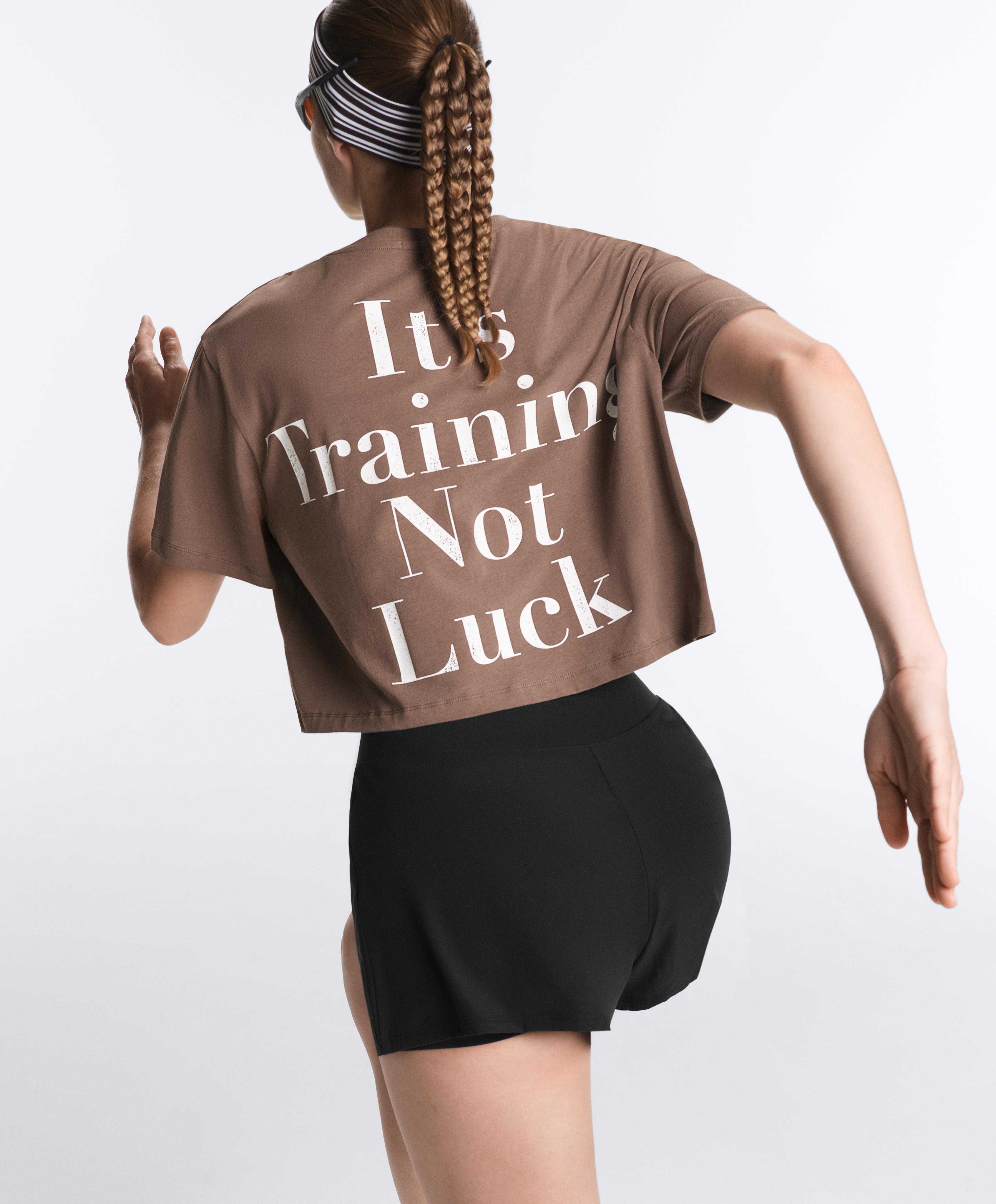 Boxy cropped cotton blend slogan T-shirt — BROWN