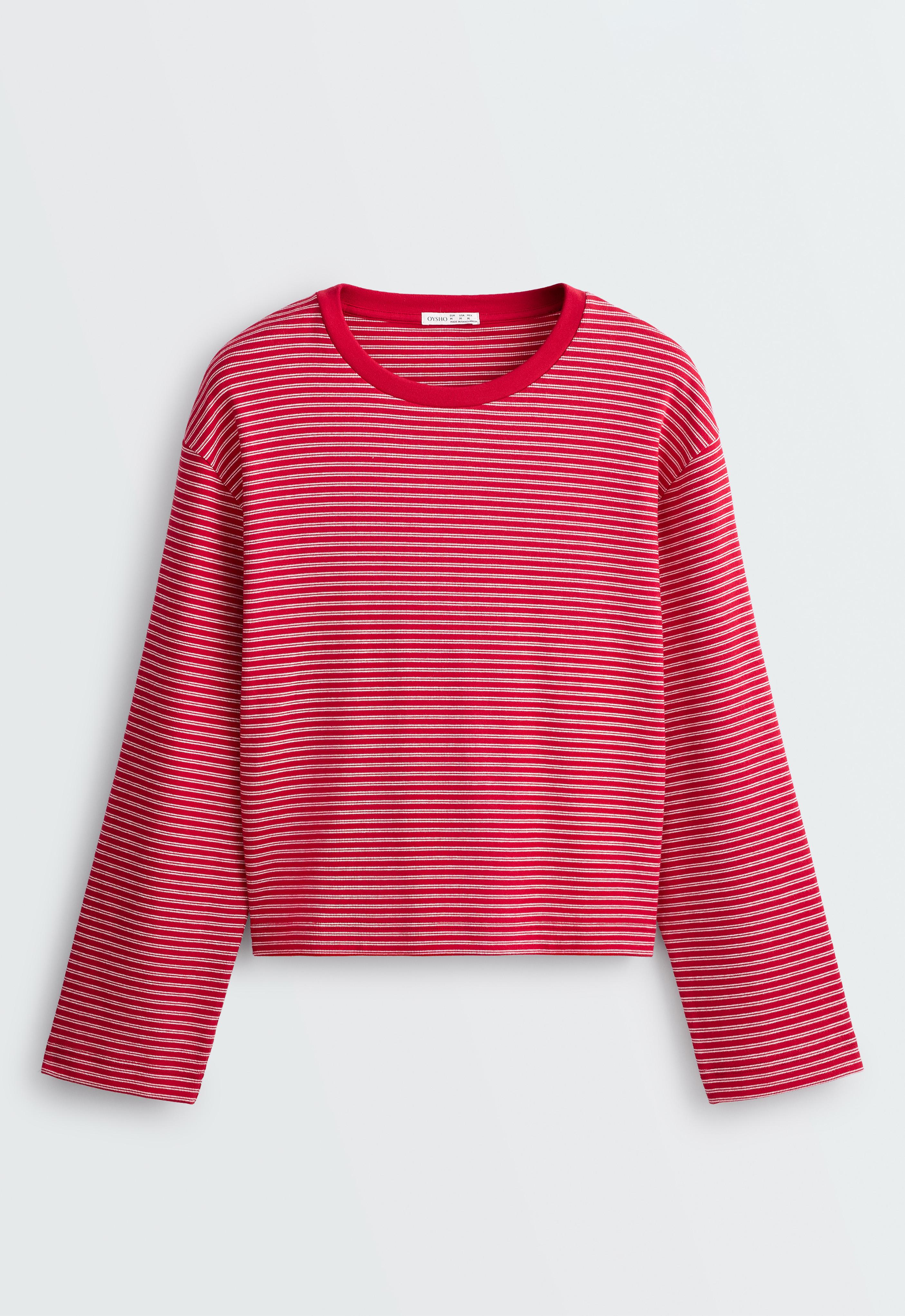 Striped boxy long-sleeved cotton-blend T-shirt — RED
