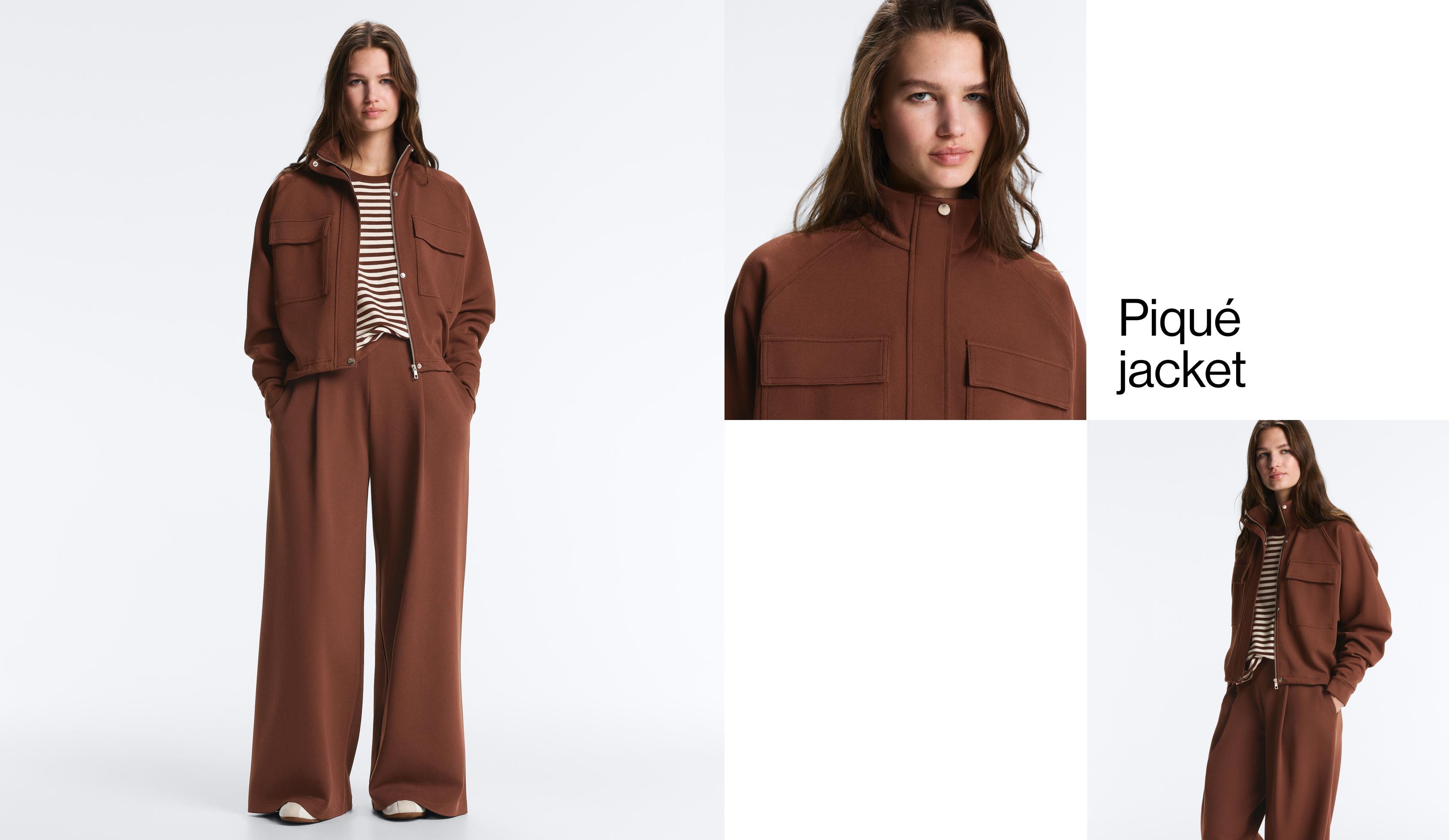 Cotton piqué pocket jacket — COFFEE