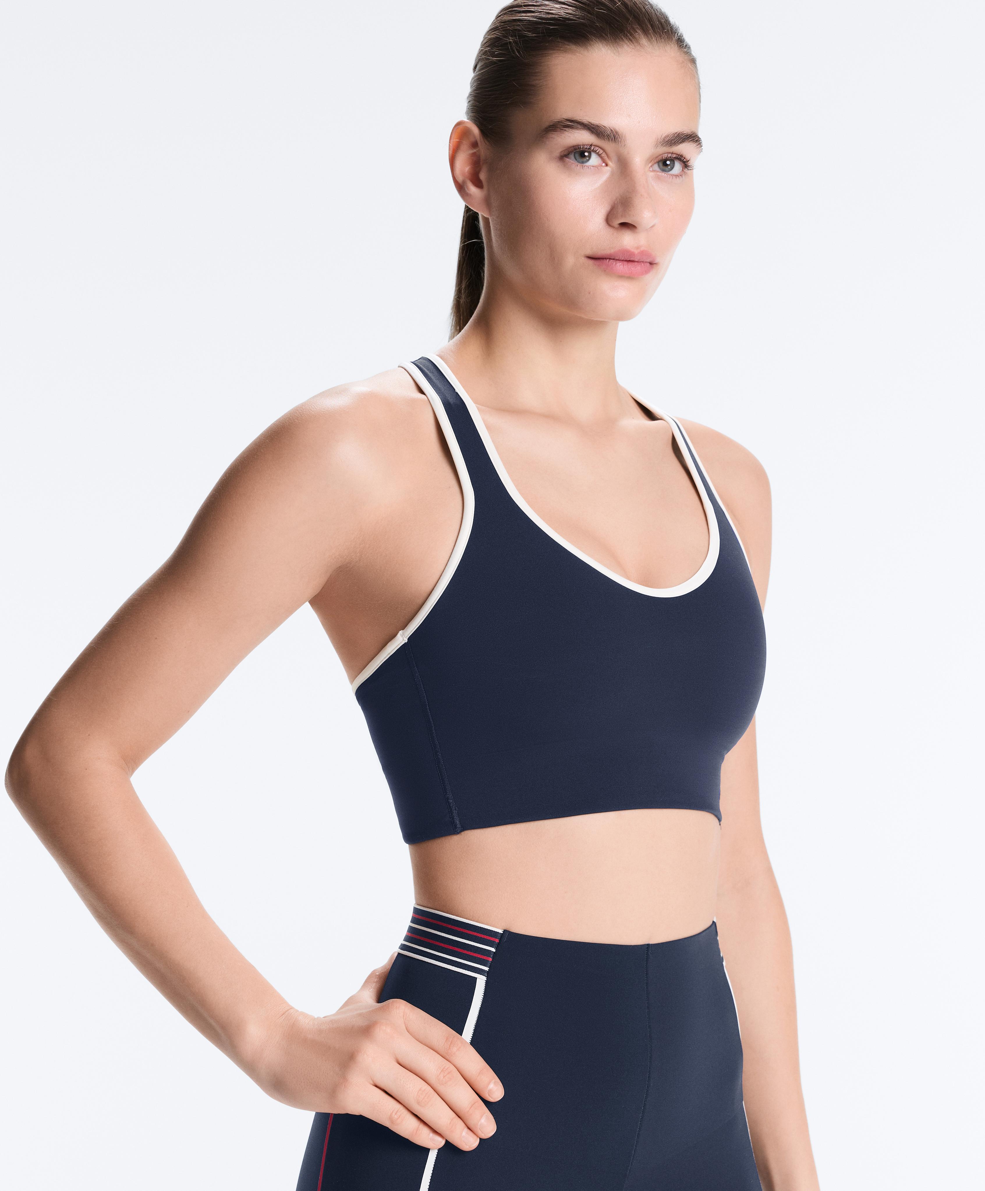 Compressive medium-support sports bra with cups and loop — NAVY BLUE