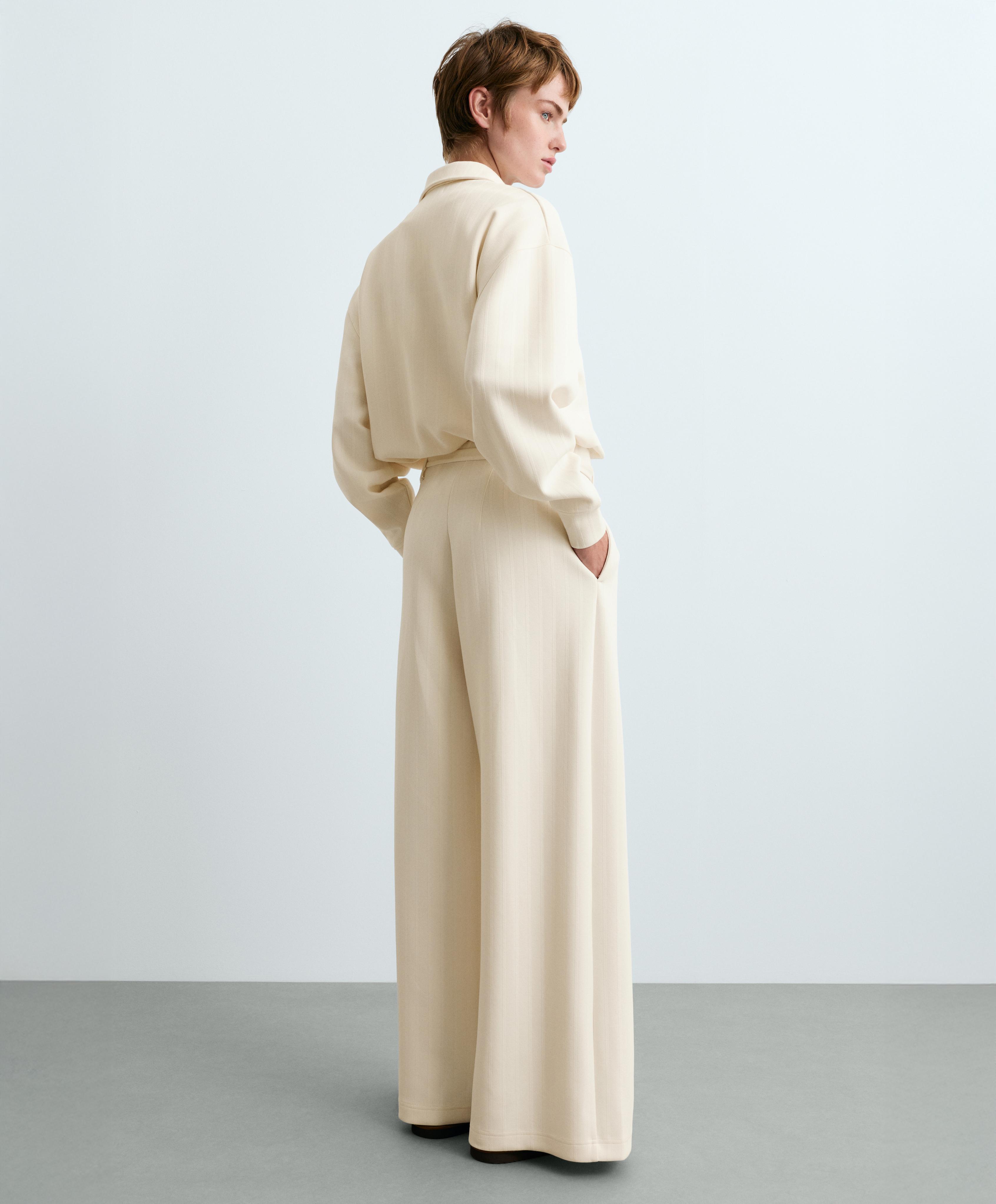 Striped cotton piqué wide-leg trousers — PALE ECRU