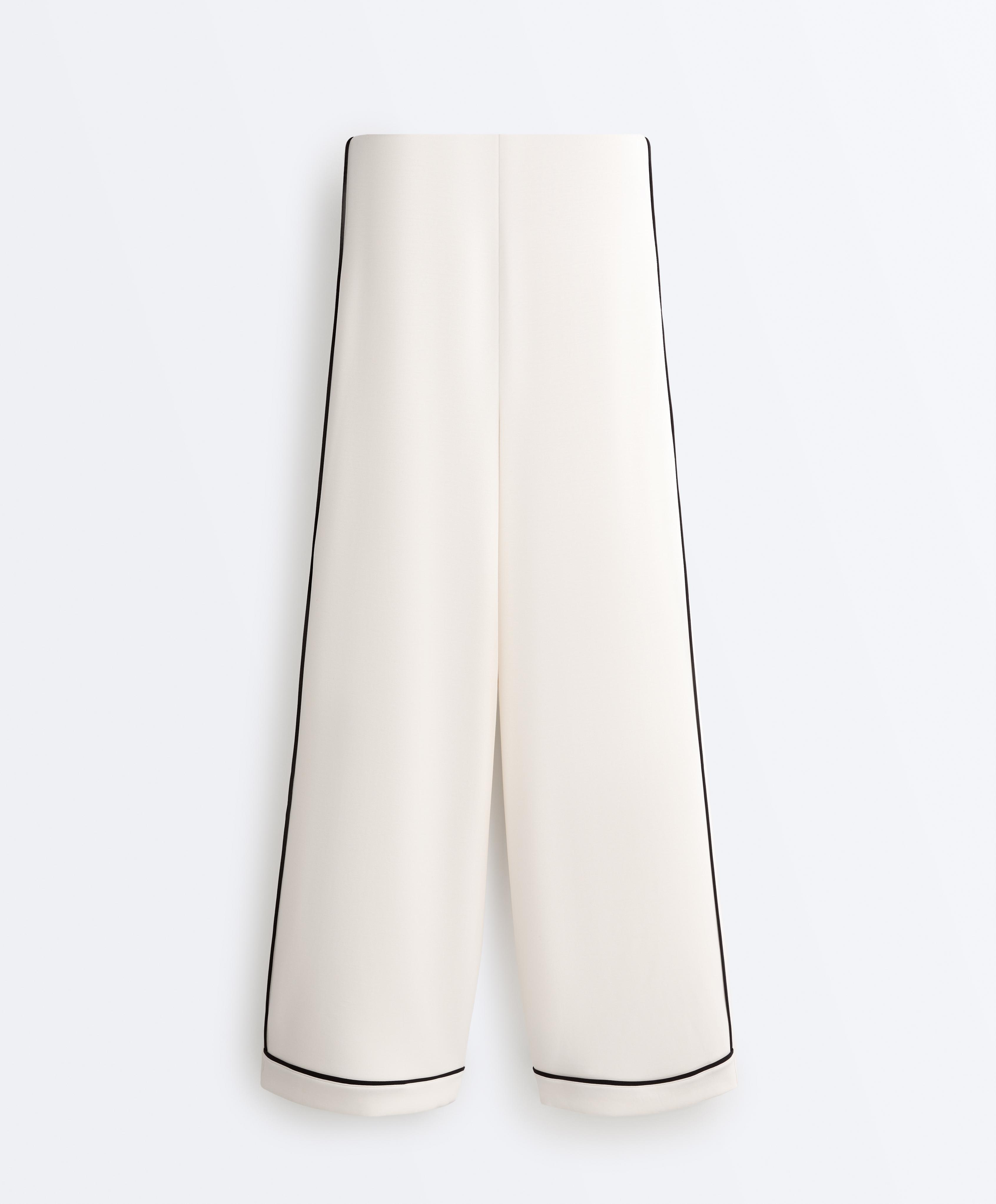Soft-touch modal wide-leg trousers with contrast piping — PALE ECRU