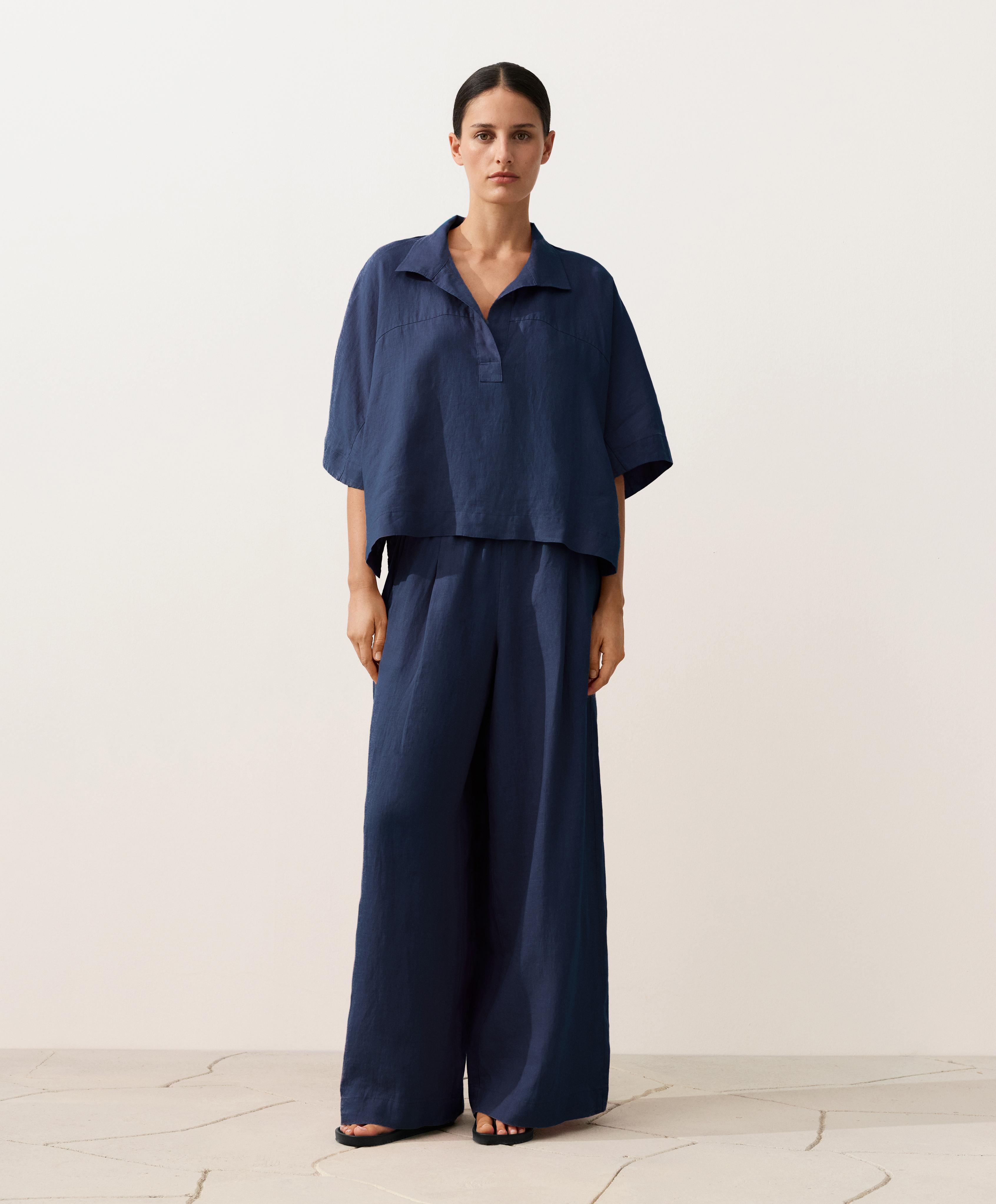 Oversize 100% linen polo shirt — NAVY