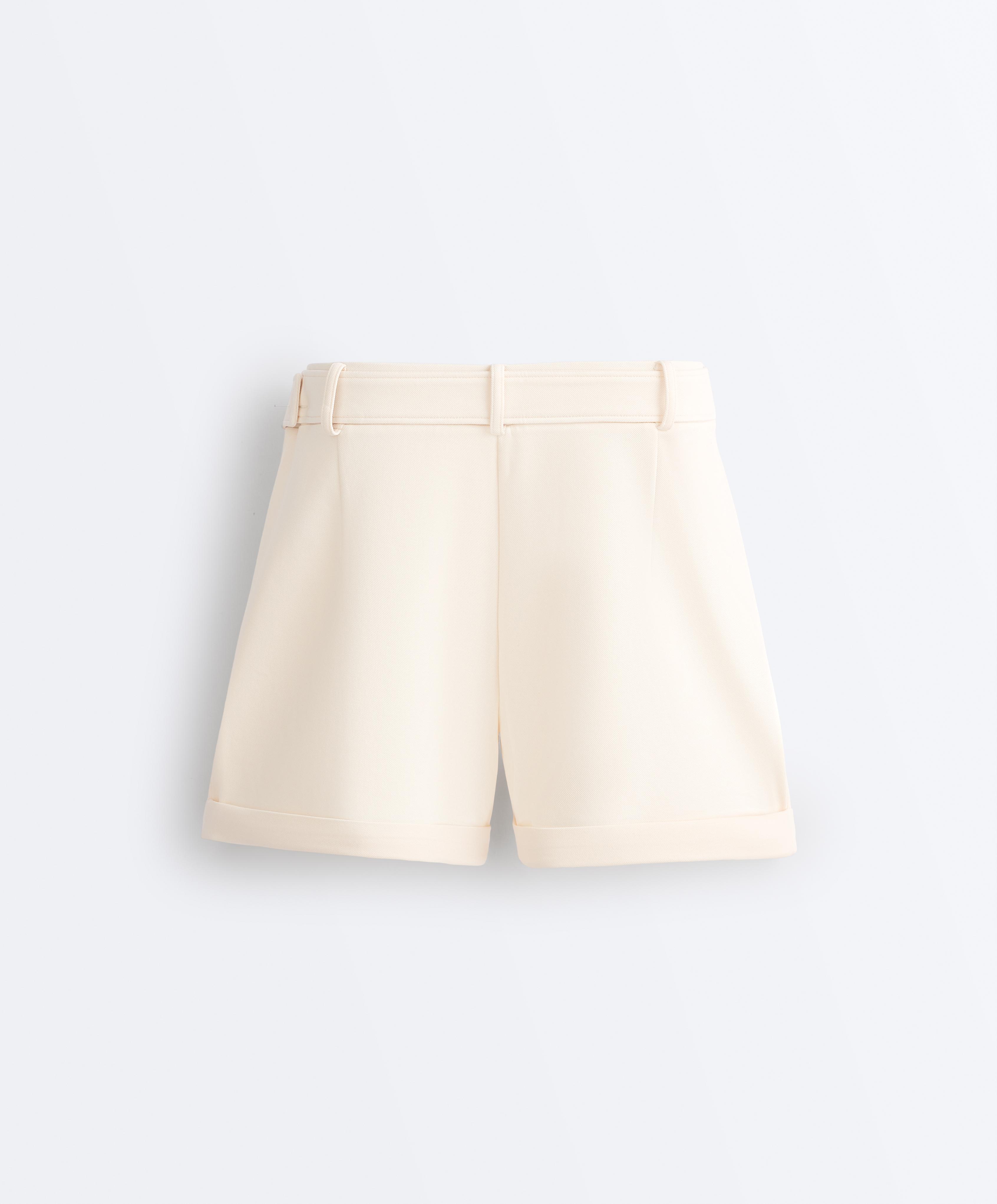 Cotton piqué belted shorts — PALE ECRU