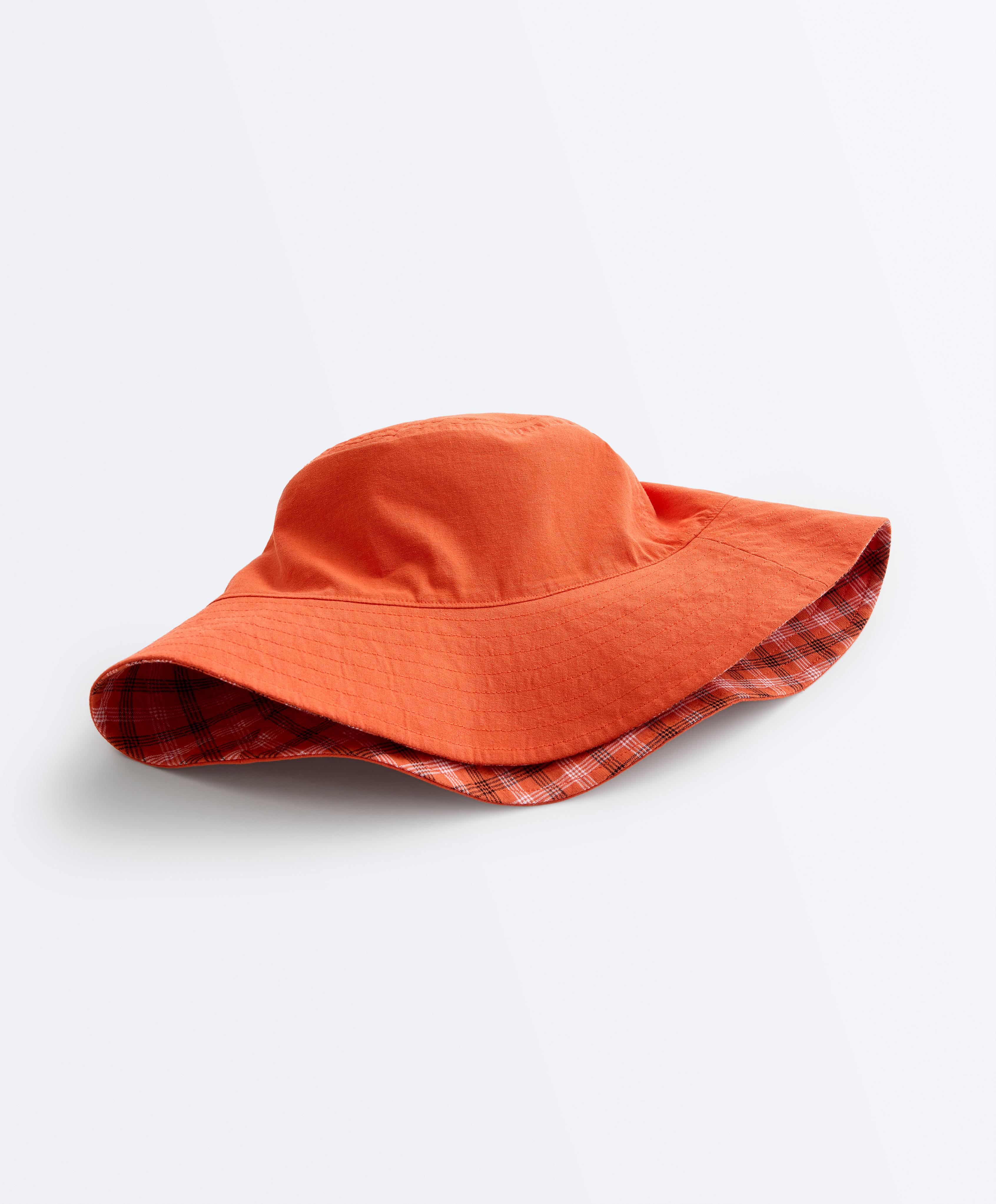 Reversible cotton blend check bucket hat — BRIGHT ORANGE