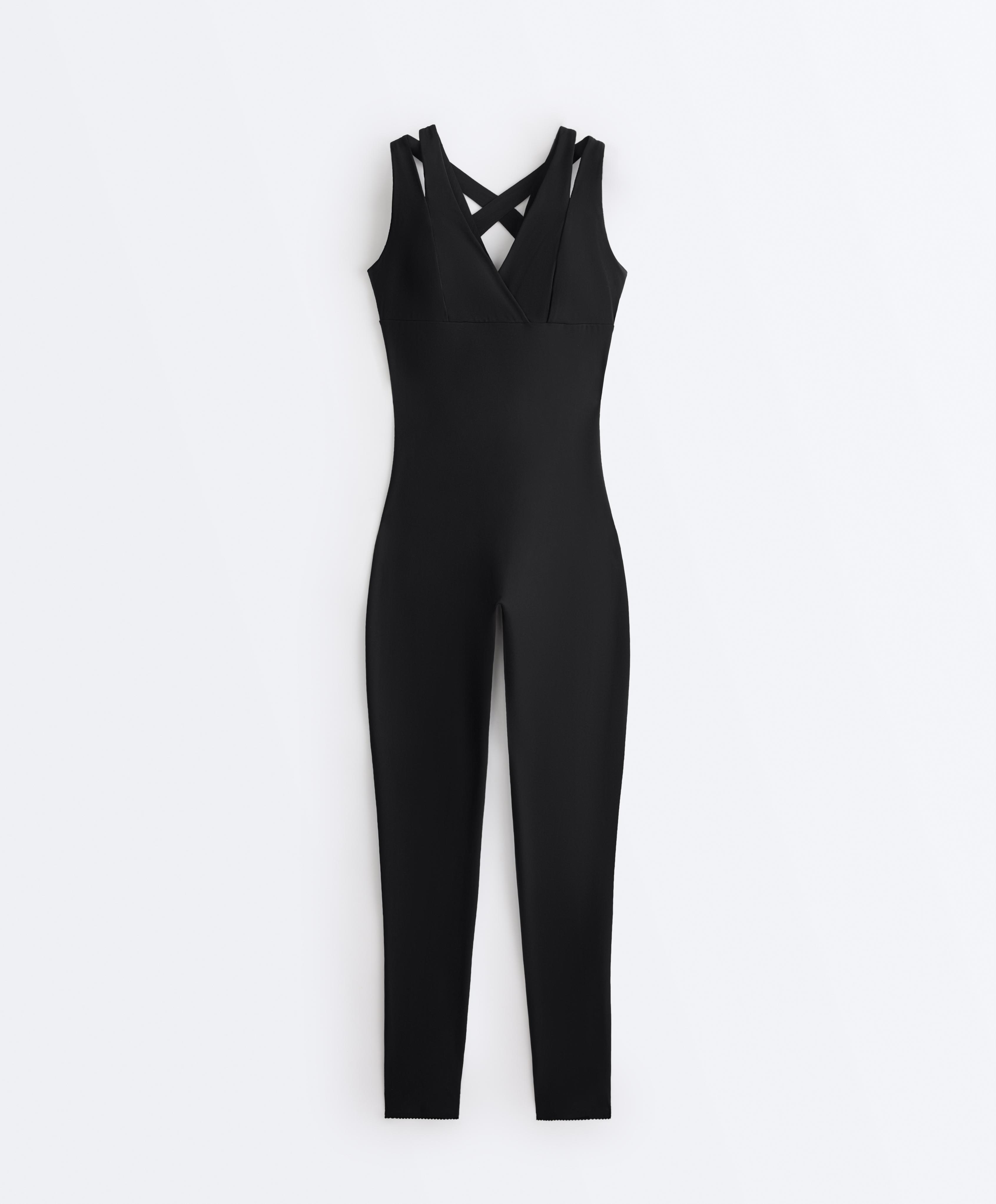 Compressive long jumpsuit with double strap — BLACK