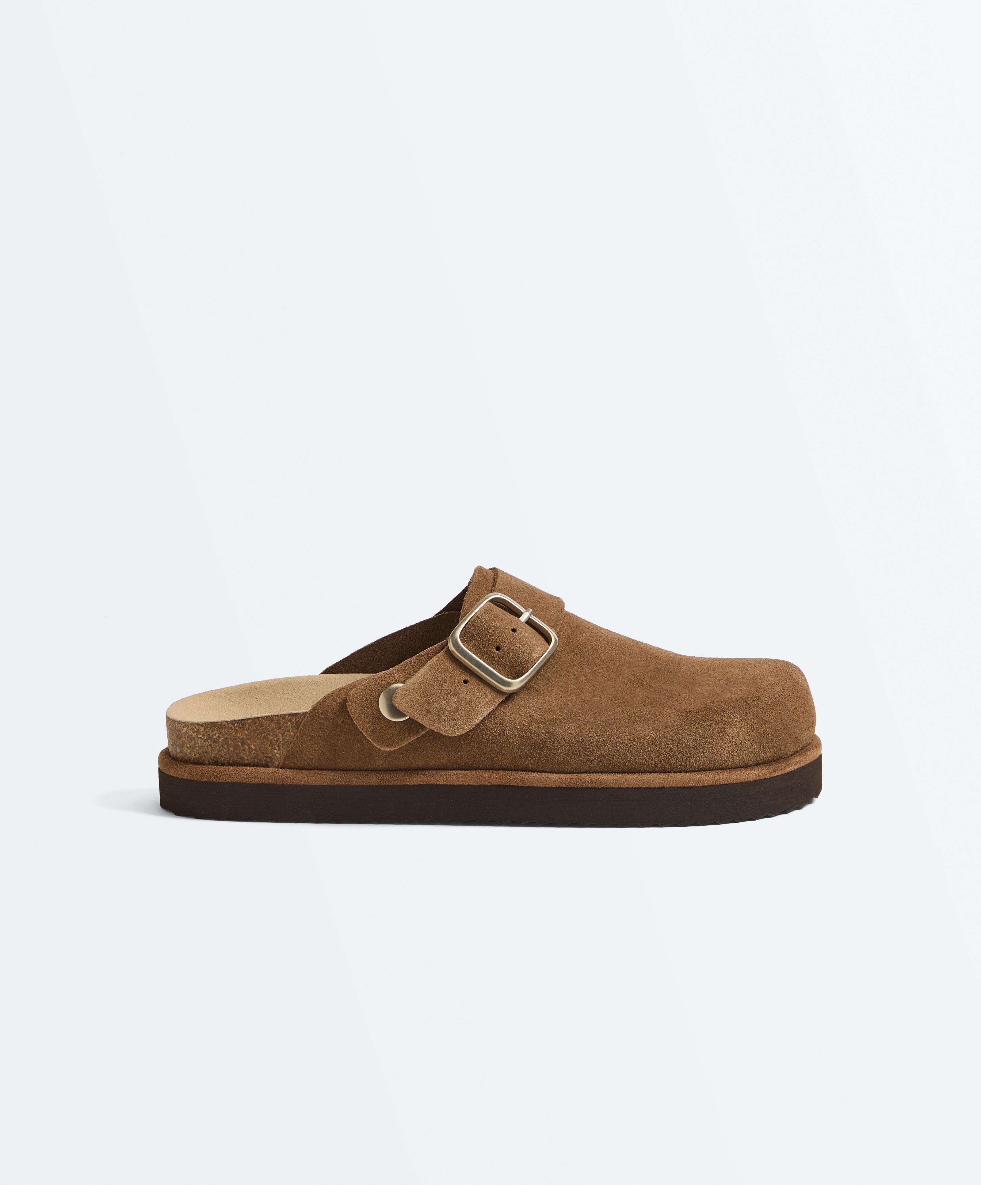 Split-leather buckled mules