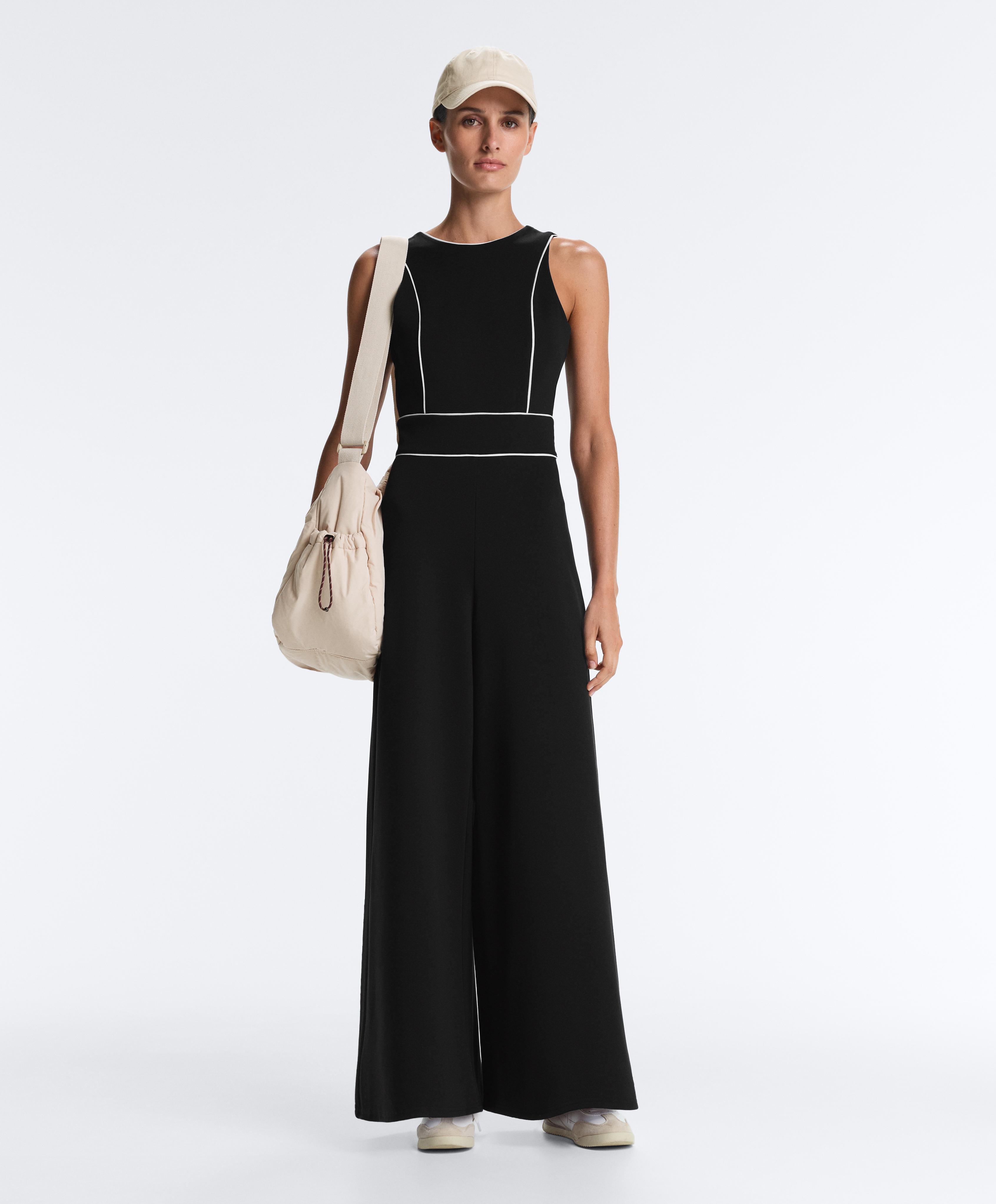 Long piping piqué jumpsuit with cotton — BLACK