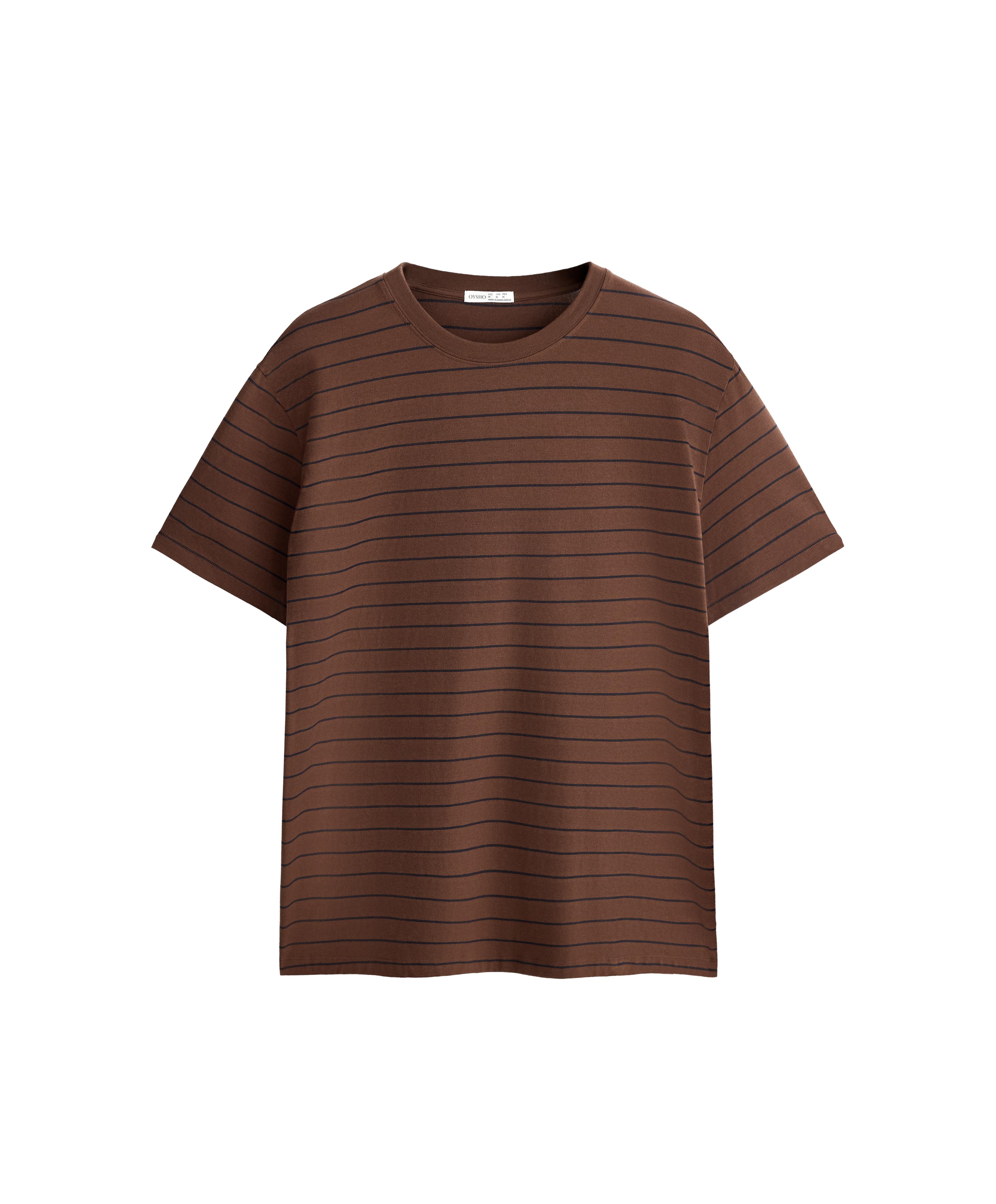 Oversize striped cotton blend short sleeve T-shirt — DARK BROWN