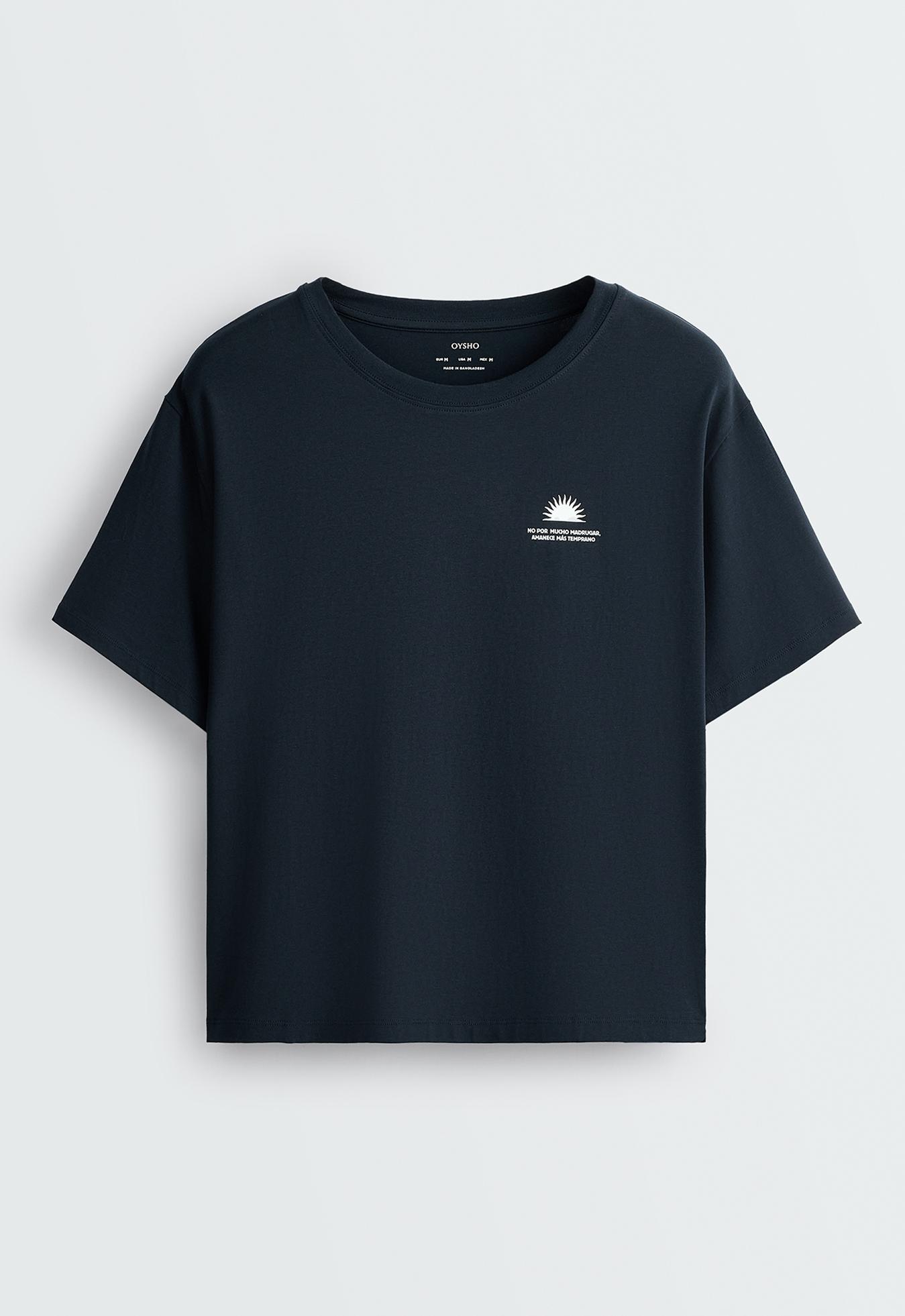 Boxy short-sleeved cotton blend printed T-shirt — NAVY BLUE